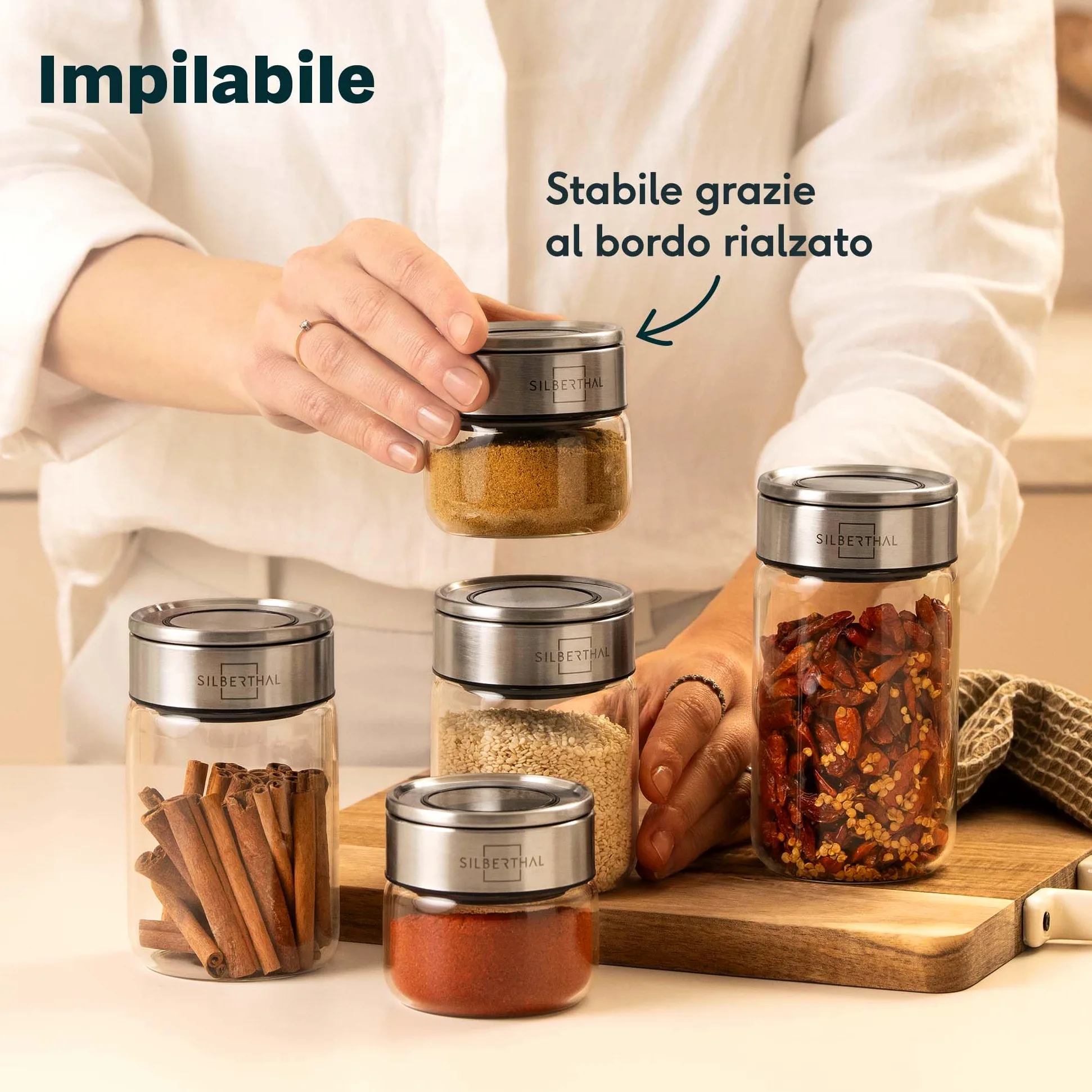 SILBERTHAL Set 12 barattoli porta spezie in vetro 300 ml – Coperchio inox