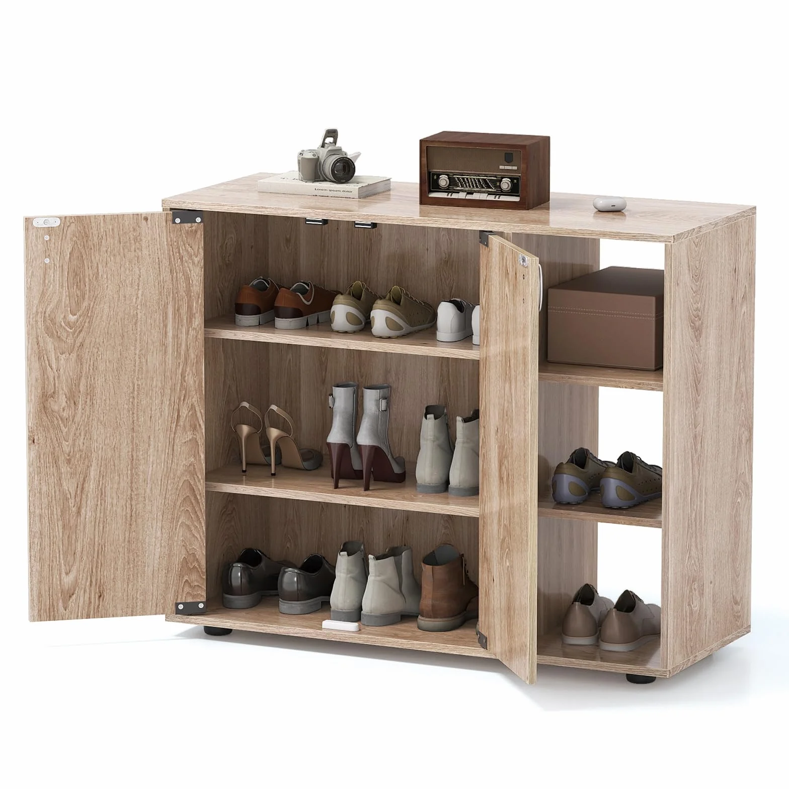 RELAX4LIFE Mobile Porta Scarpe, Organizer per Scarpe in Legno a 3 Ripiani con Ante e 3 Ripiani Regolabili, Moderno Mobile Scarpiera Autoportante per Ingresso, Corridoio, Soggiorno, Armadio (Naturale)