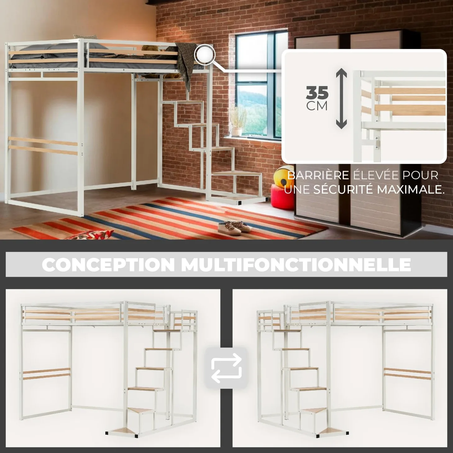 MEUBLE COSY Letto a Soppalco 140 x 200 cm con Rete a Doghe in Legno di Ingegneria e Metallo, Stile industriale, Letti per Camerette, Adulti, Bambini, Casa, Bianco+Quercia
