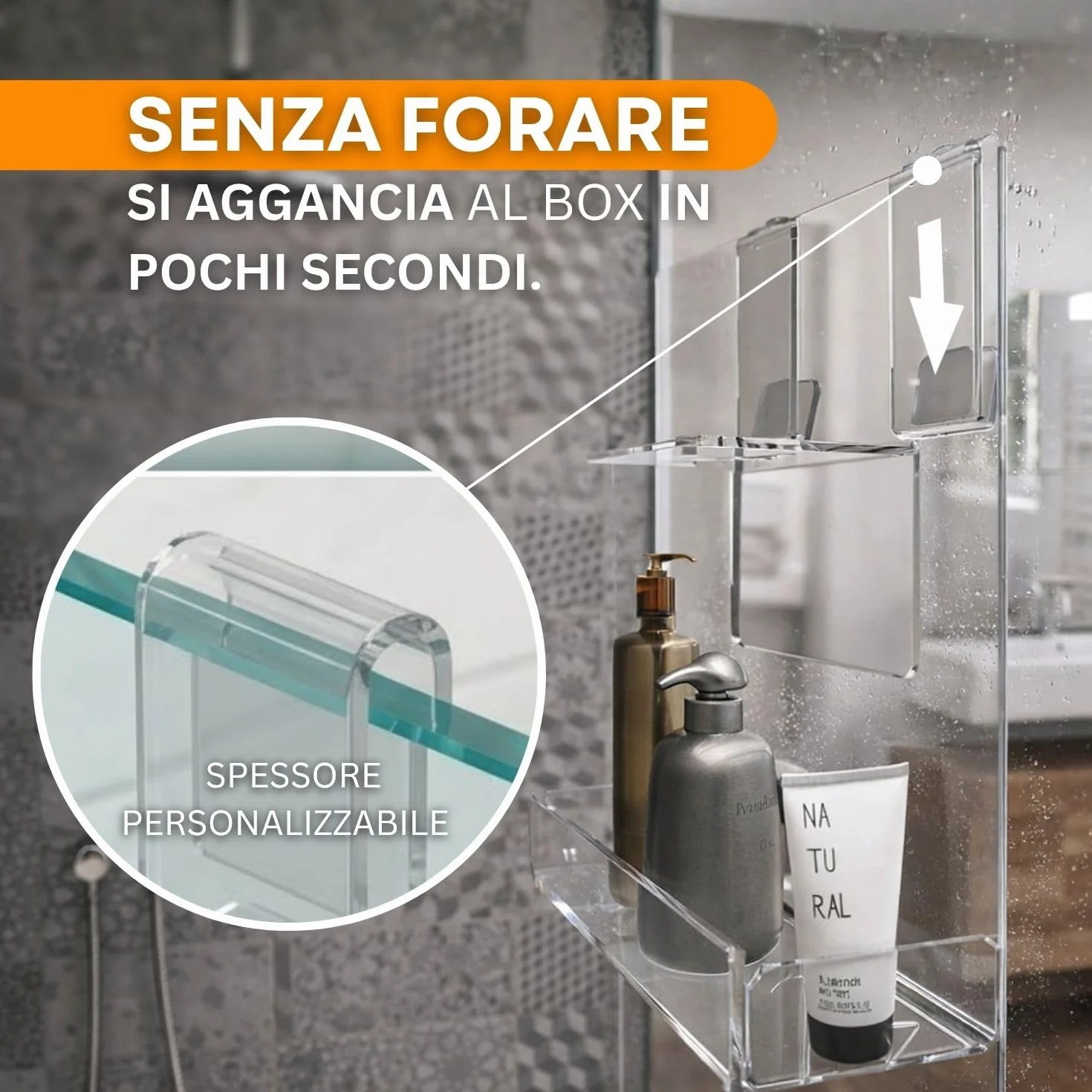 AGPLEX Porta Shampoo Doccia in Vetro Acrilico, Porta Sapone Monoblocco per Doccia, Spessore Box 6-15mm Made in Italy