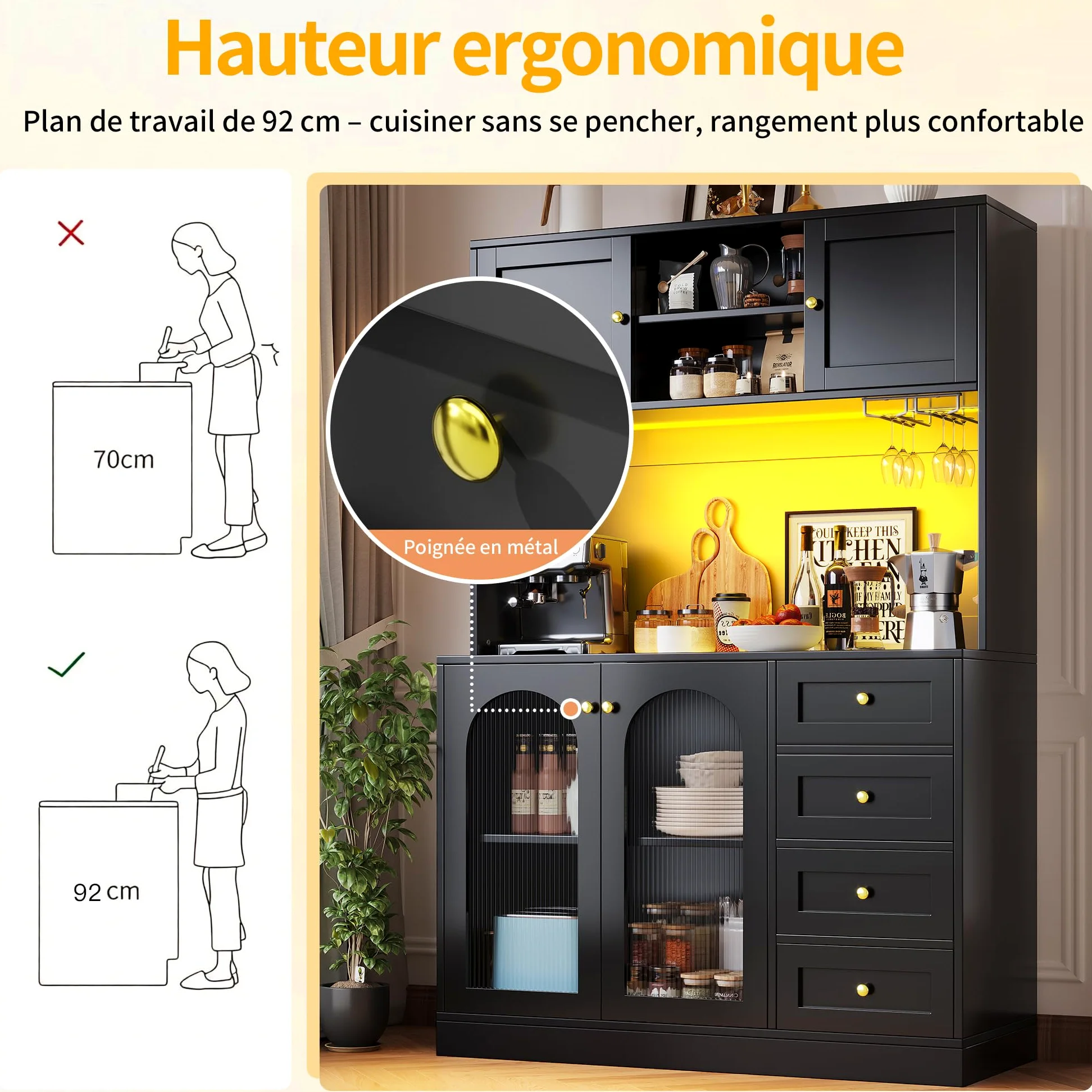 Mobile da cucina a buffet, 120 x 40 x 188 cm, stile rustico, 4 ante, con striscia luminosa a LED e porta bevande, colore nero.