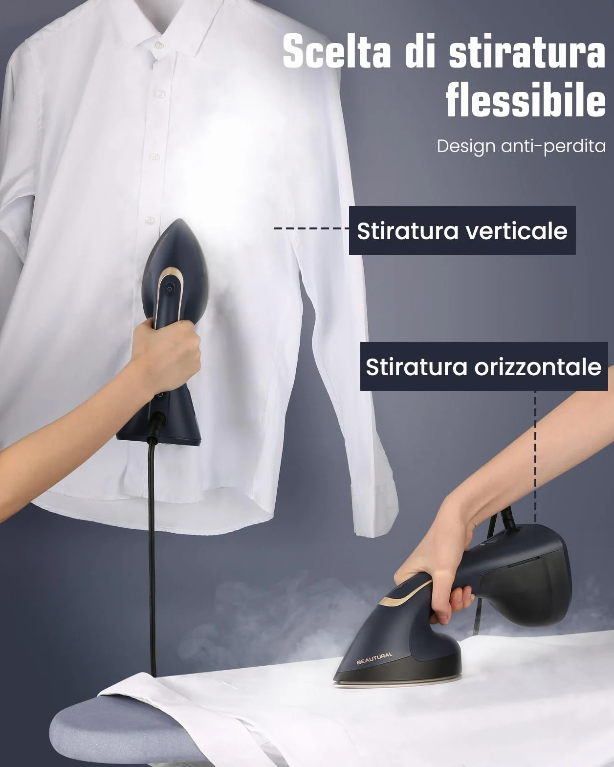 BEAUTURAL Ferro da Stiro Verticale a Vapore 2 in 1 per Abbigliamento, Portatile e Potente da 1500W con Vapore Istantaneo, Riscaldamento Rapido in 30 Secondi e Spegnimento Automatico (220-240V)