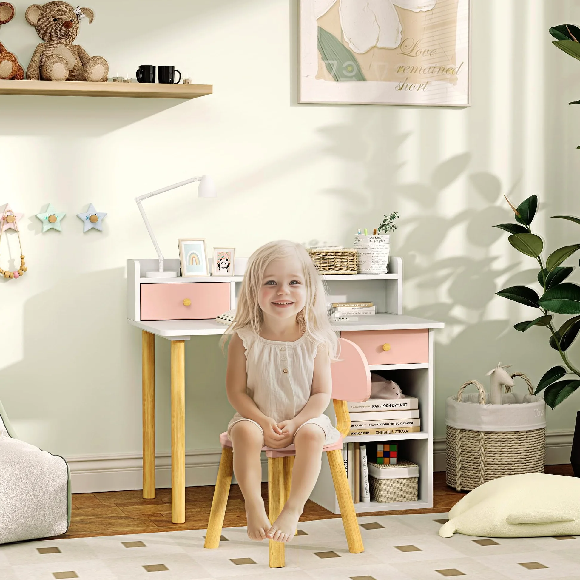 AIYAPLAY Set di scrivania e sedia per bambini +3 anni Scrivania per bambini con cassetti, scomparti e ripiani per la camera da letto e la sala studio Rosa e bianco