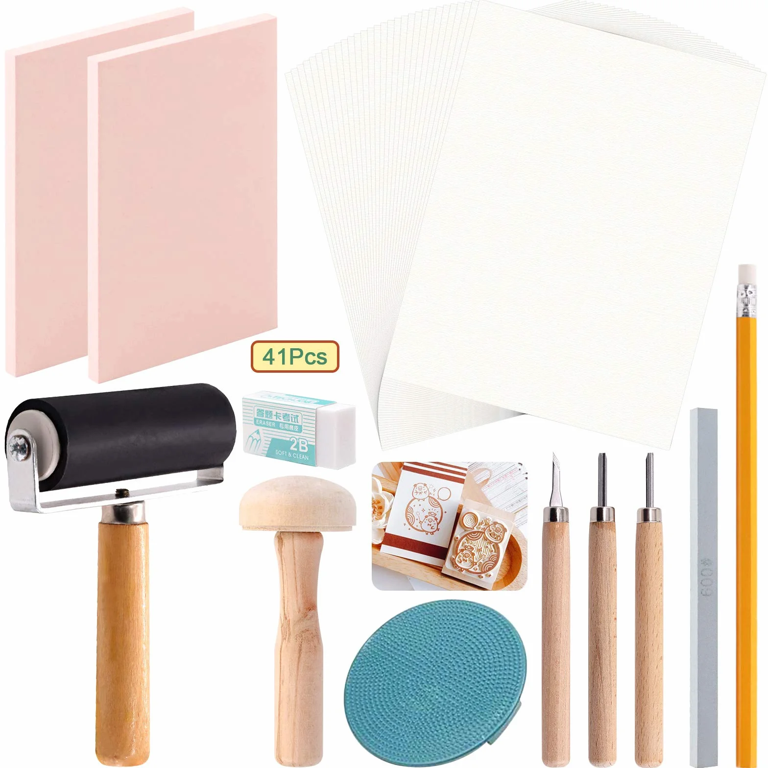Keadic Kit di 41 timbri in gomma, include 2 timbri in gomma, 3 strumenti per intaglio e pietra per affilare, carte da ricalco, rullo Brayer, strumenti di stampa per incidere e stampare timbri