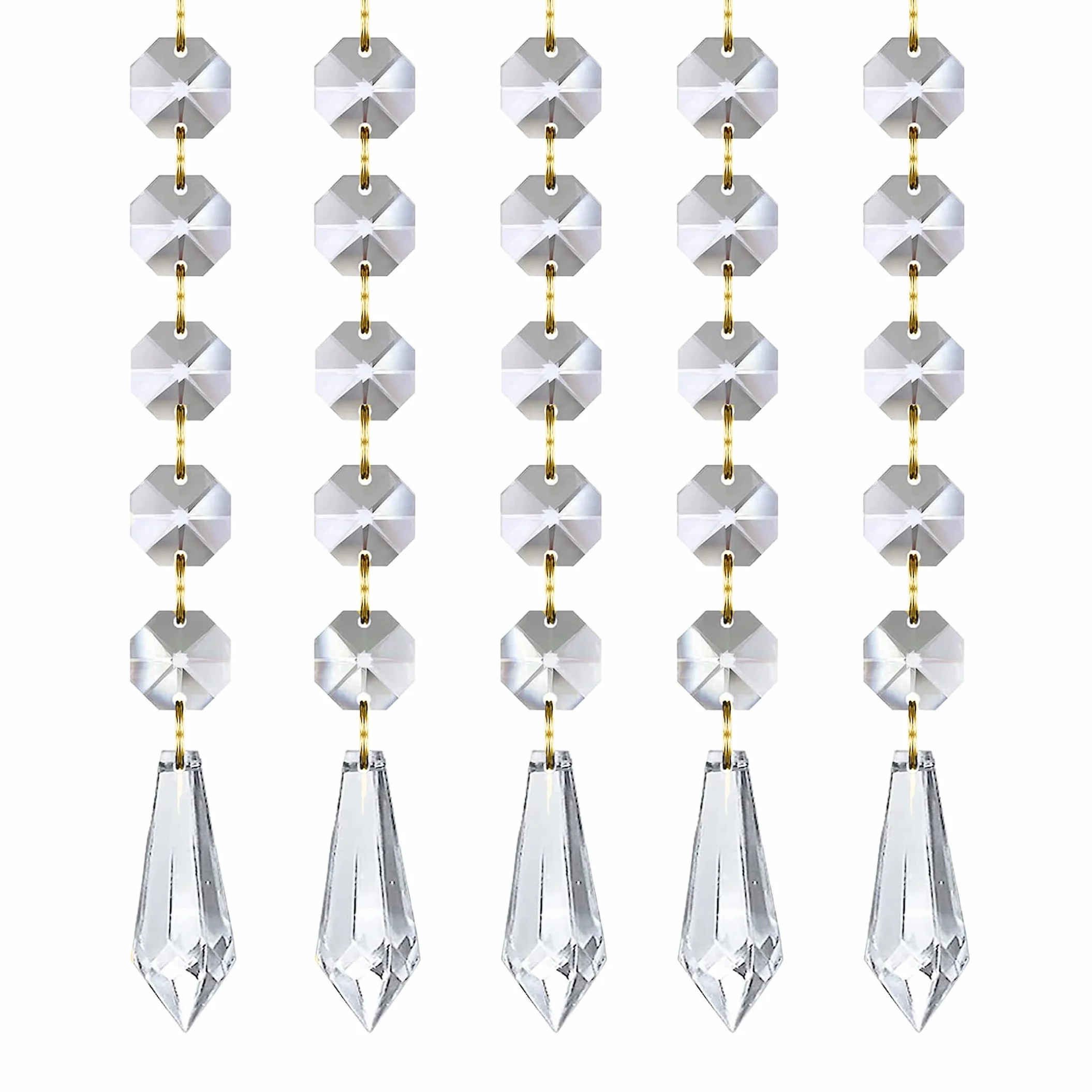 Pendenti per Lampadari Gocce di K9 Cristallo Trasparenti con Perle Ottagonali - Fili 30cm - Oro