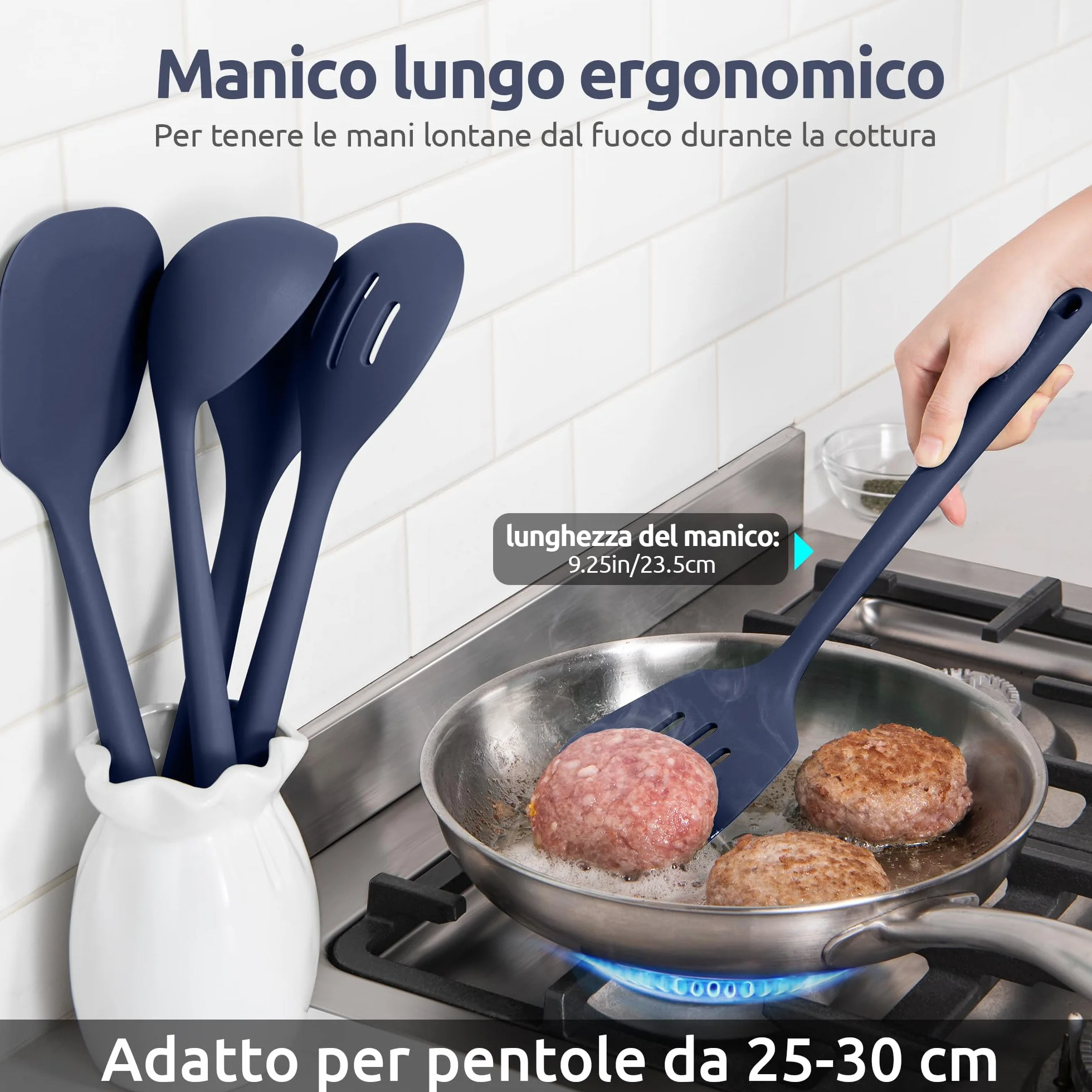 U-Taste Utensili da cucina in silicone extra lunghi 315℃, Spatole, cucchiai e mestolo antiaderente (5 Pz, Blu notte)