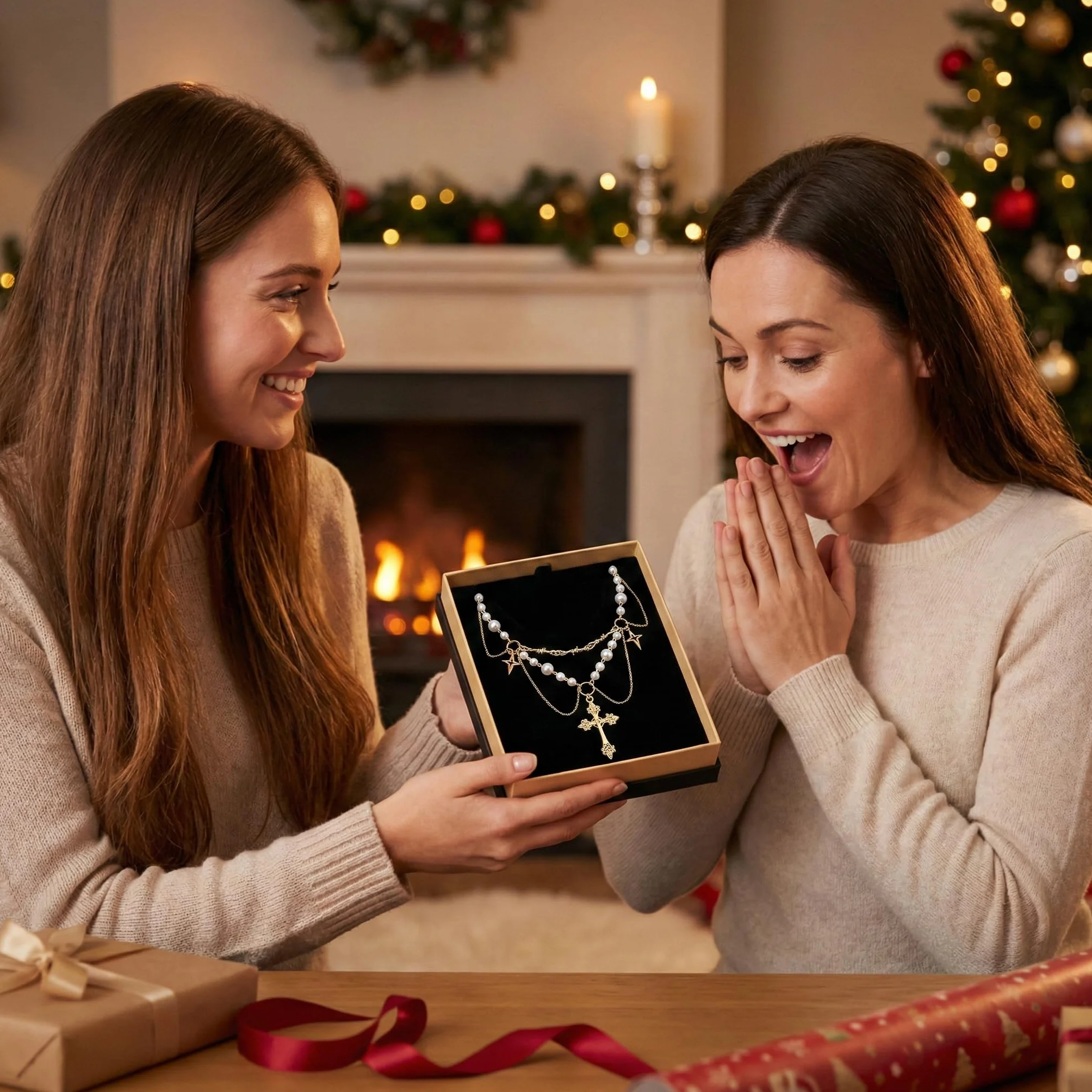 Collana Gotica con Croce Dorata Cristallo e Perla Sintetica Regolabile