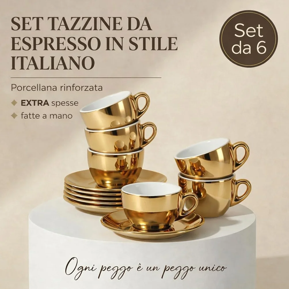 Tazzine da Caffè Espresso 60 ml in Porcellana Oro e Bianco Set da 6