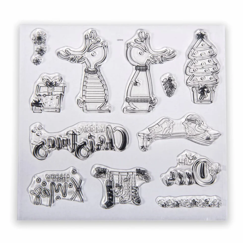 Rayher Clear Stamps Set timbri trasparenti in silicone, tavoletta 102,5x97mm, 12 motivi invernali e natalizi, amici renne, per scrapbooking e decoro, biglietti d'auguri e pacchi regalo, 50253000