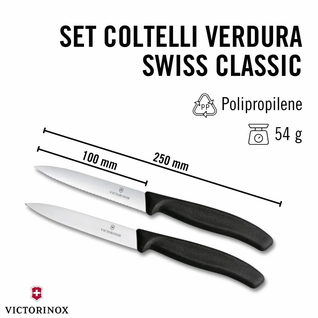 Victorinox Swiss Classic set 2 coltelli: coltello da pomodoro e spelucchino per verdure, acciaio inox, Swiss Made, Nero