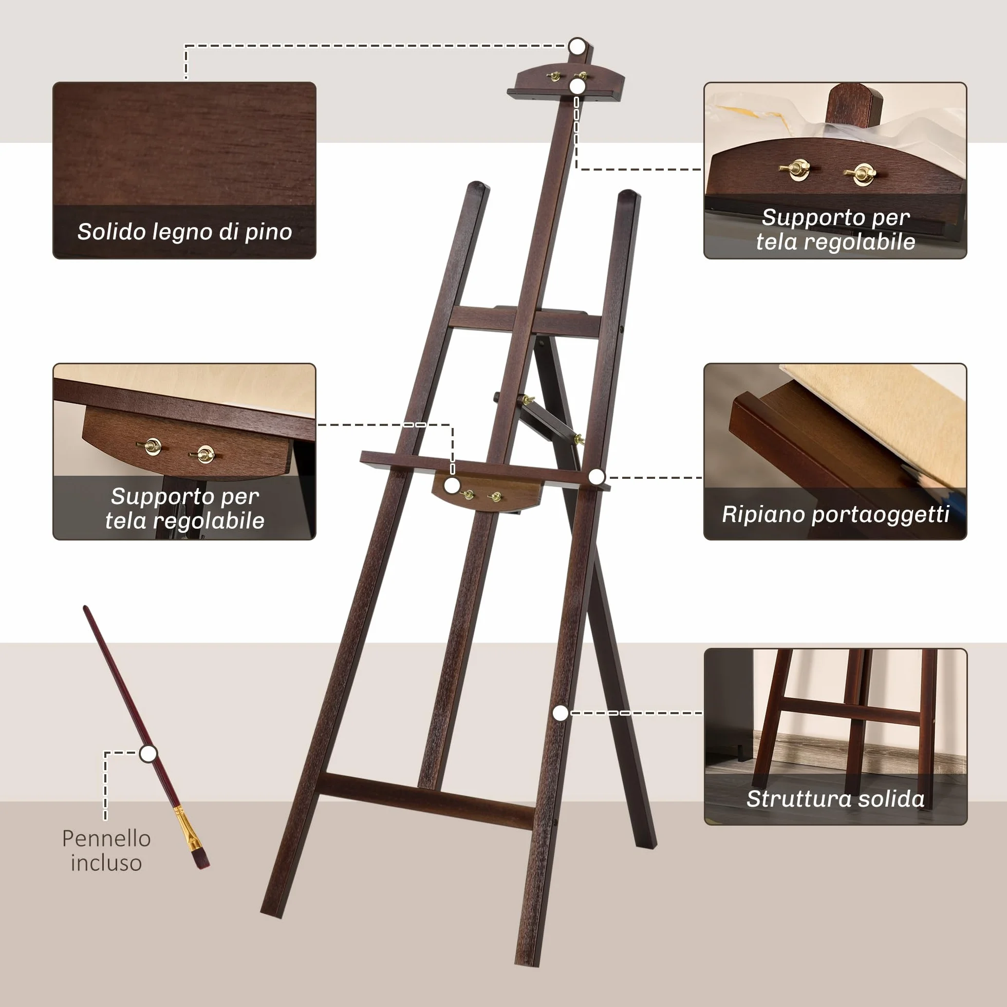 HOMCOM Cavalletto Pittura 135 cm Treppiede Legno Pino Regolabile Portatile Pieghevole per Tela Artisti
