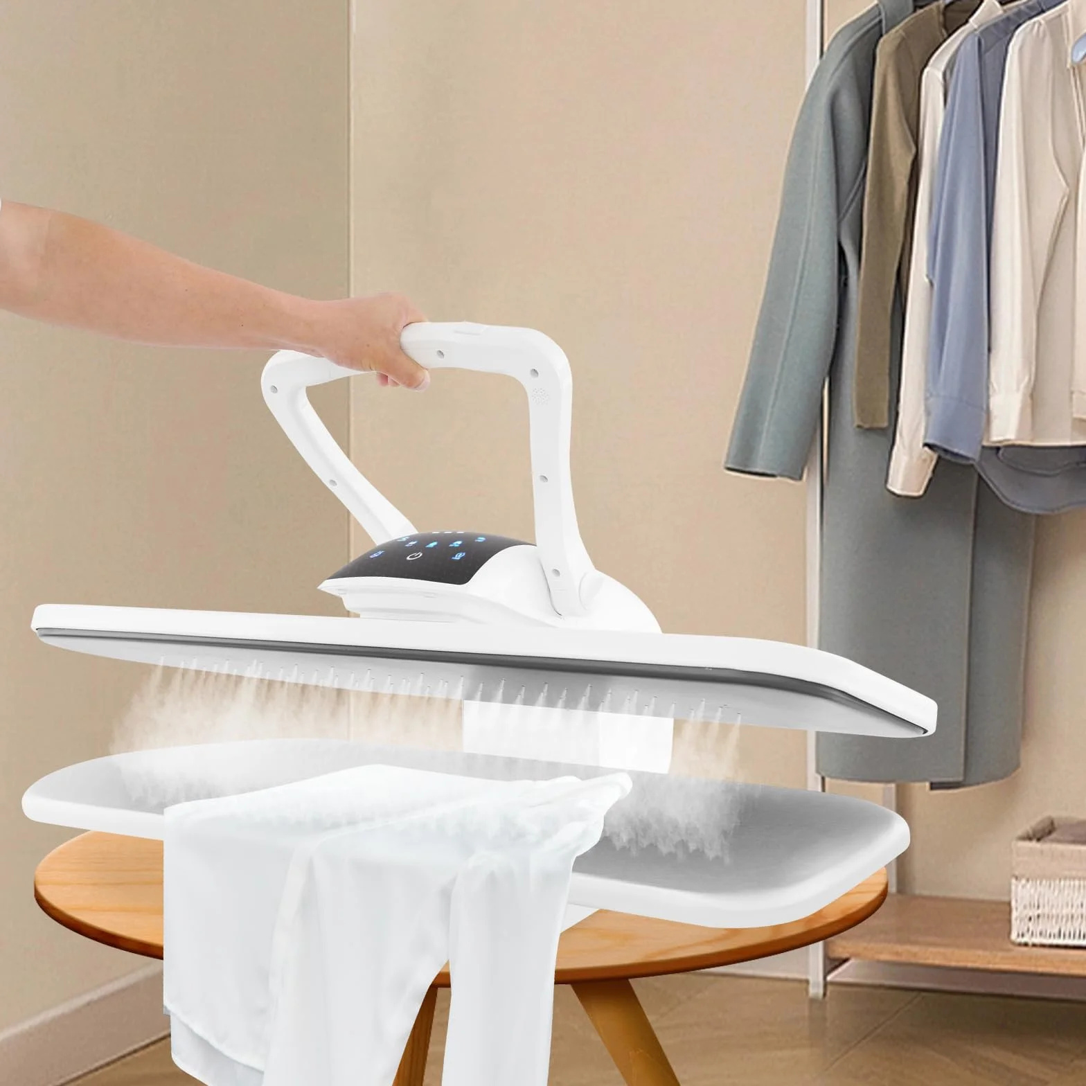 Pressa a vapore intelligente, 2200 W, con 5 programmi di stiratura, nylon, seta, cotone, lino, con intervallo di temperatura di 90 – 200 °C (bianco)