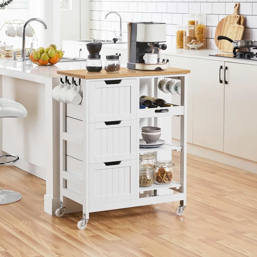Yaheetech Carrello Cucina con Ruote 3 Cassetti 3 Ripiani in Legno Salvaspazio Bianco Porta Microonde Spezie 67cm x 37cm x 84,5 cm