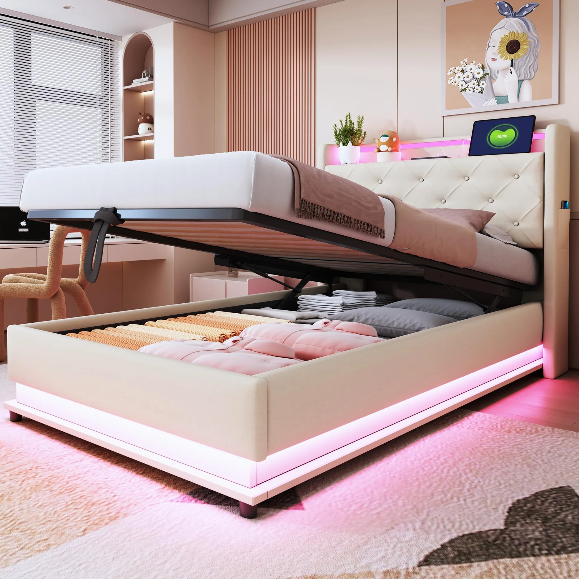 Ymkua Letto Imbottito Letto Singolo 90x200 cm, Bed contenitore con LED e USB Porta, Idraulici Bed frame per Bambini con Struttura Rete a Doghe e Testata Ribaltabile, Linen, Senza Materasso (Beige)