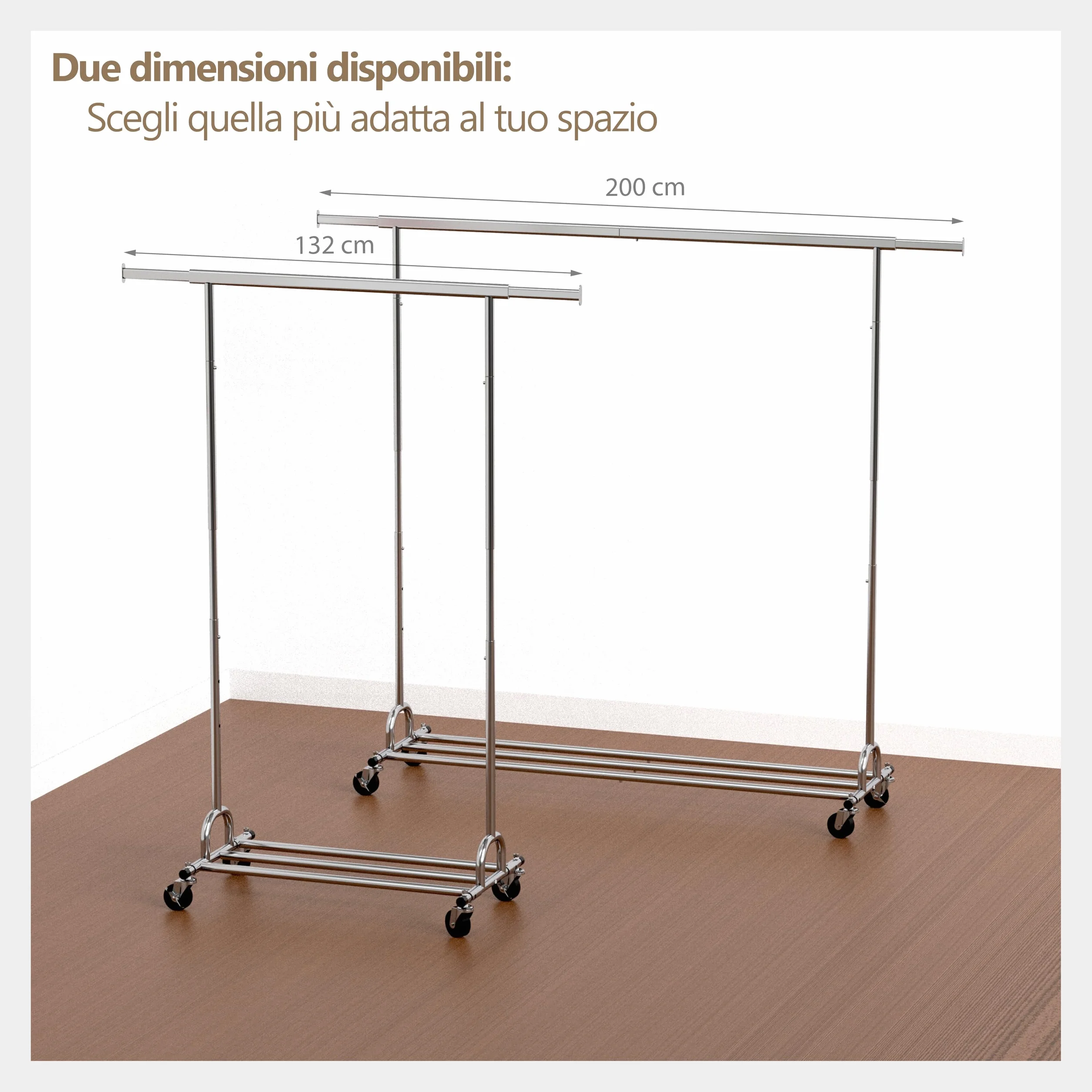 PORTENTUM Stand appendiabiti da terra robusto estensibile con ruote e freni – Fino a 180 kg – Porta abiti in acciaio 45 x (92-132) x 161,5 cm – Ripiano inferiore