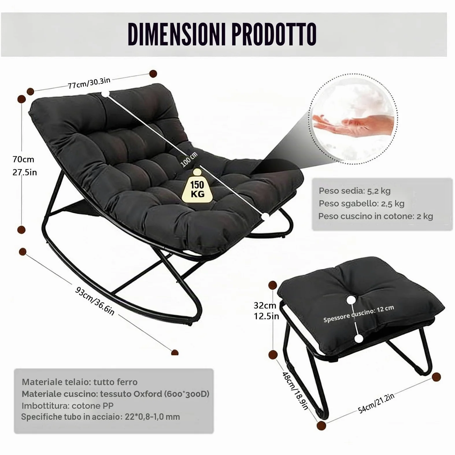 Soggiorno Comoda Sedia a Dondolo con Pouf,poltrone da esterno poltrona lettura,seduta dondolo,Sedia a Dondolo da Esterno,Poltrona da Lettura,Portata 150 kg,per Salotto Terrazza Camera. (Grigio)