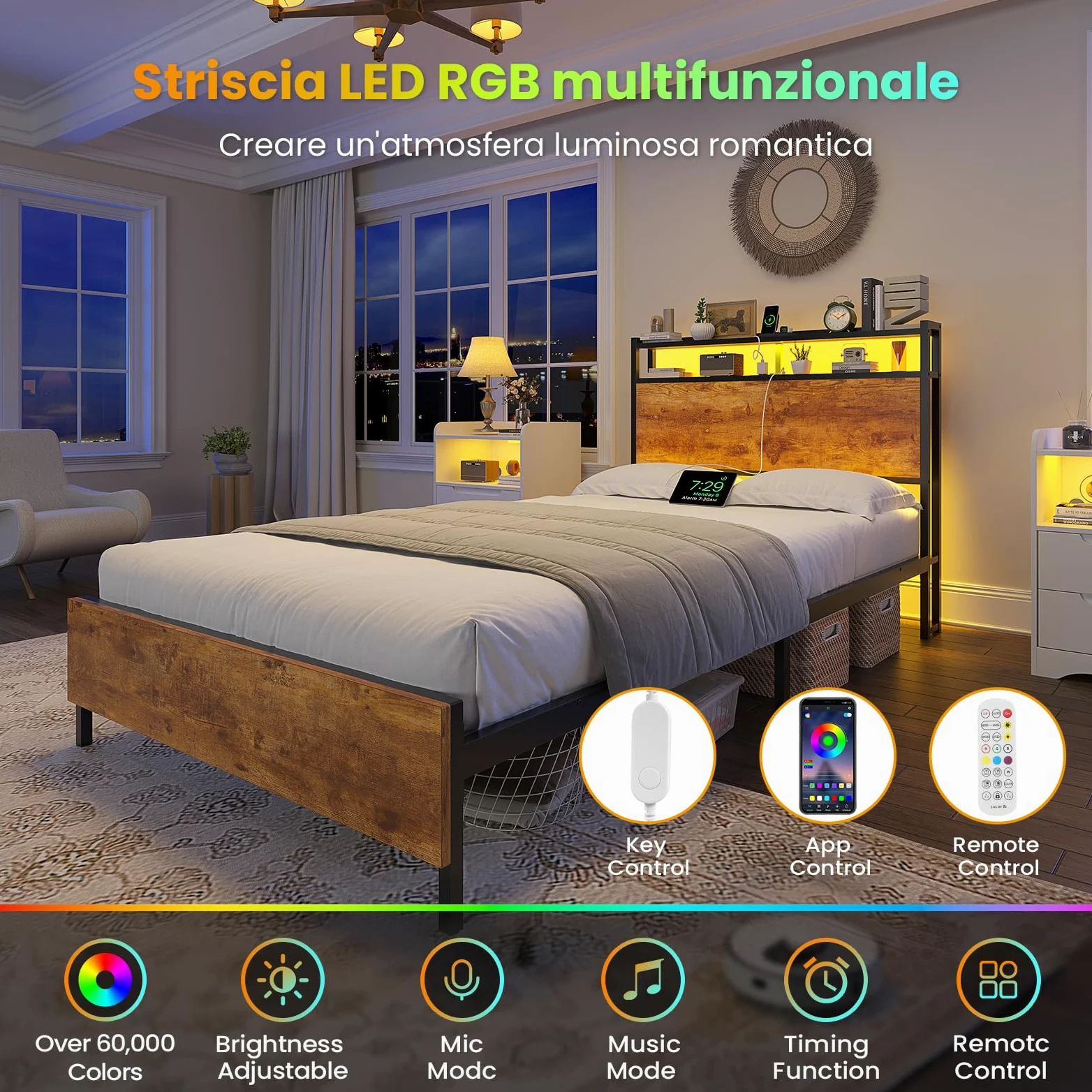 Brinlawb Struttura Letto Singolo 90x200 cm con Luce LED e Stazione di Ricarica (2 Prese CA, 2 Porte USB) Struttura Letto 90x200 cm con struttura in metallo, Facile da montare, Moderno, Marrone