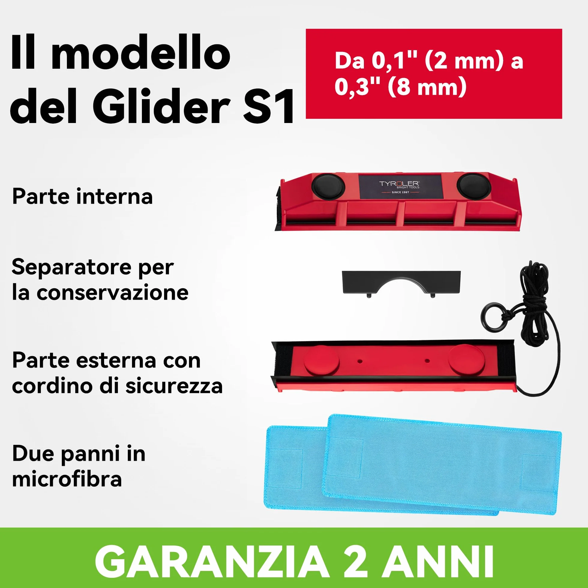 Tyroler il Glider S-1 Lavavetri Magnetico 2-8mm Pulitore Vetro Finestre