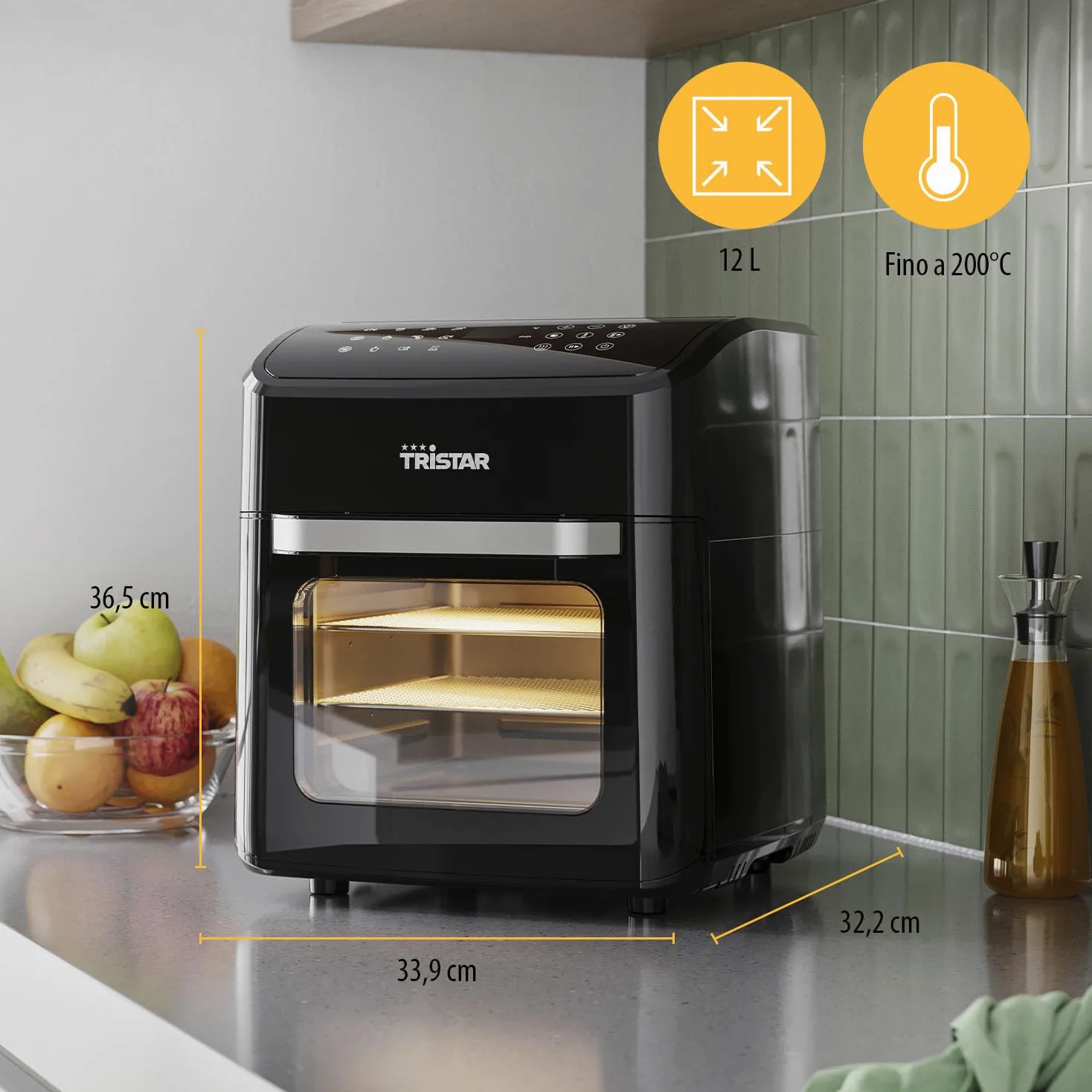 Tristar Friggitrice ad Aria 12 L con Funzione Mini Forno, Airfryer 2 in 1 Ventilato, 12 Programmi, Display Digitale, Finestra, Funzione Shake, Senza BPA, 1800 W, FR-9065