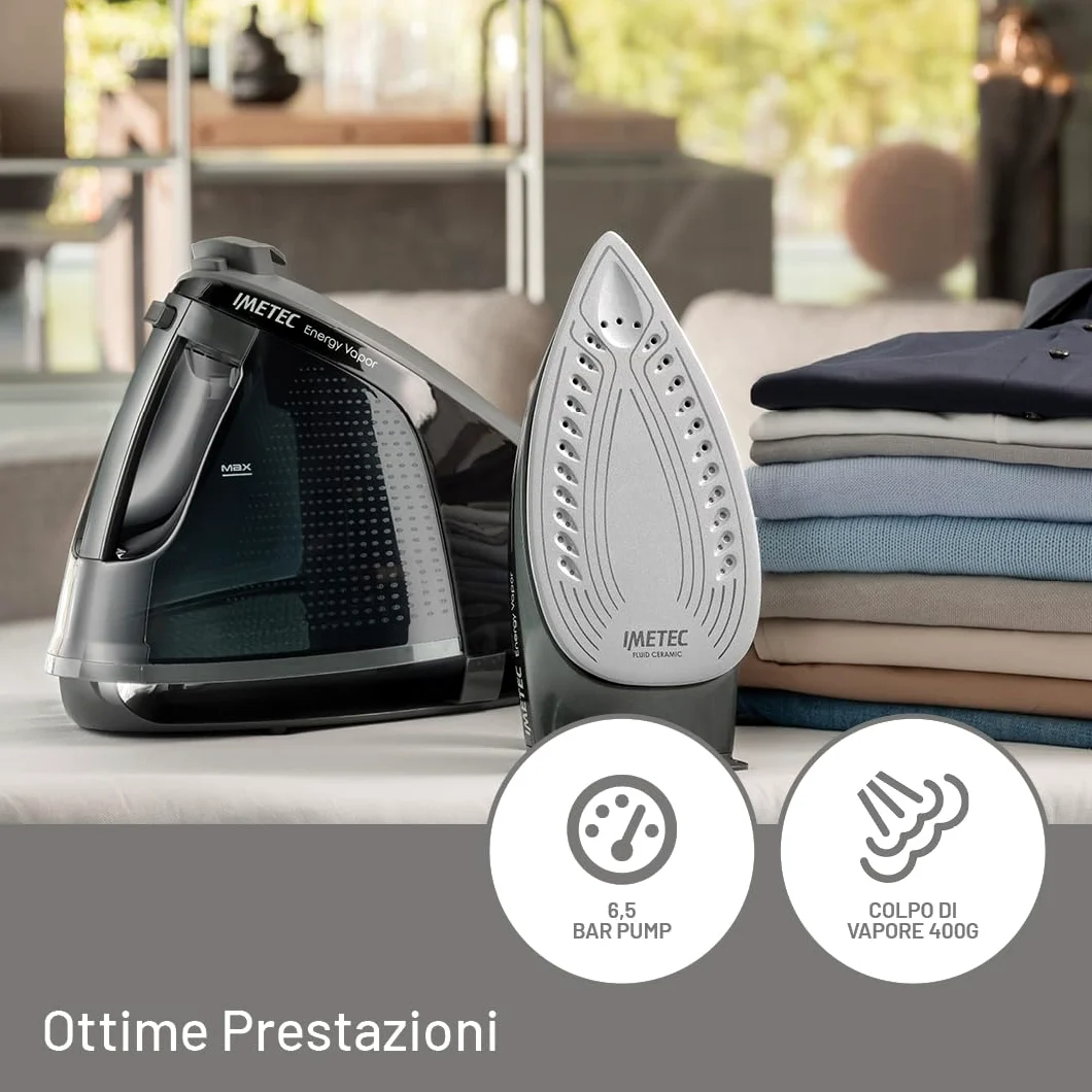 Imetec Energy Vapor, Ferro da Stiro con Generatore di Vapore, 6.5 BAR Pump, Colpo Vapore 400 g, 2400 W, Piastra Fluid Ceramic, Bloccaferro, Autospegnimento, Dispositivo di Pulizia, Tecnologia ECO