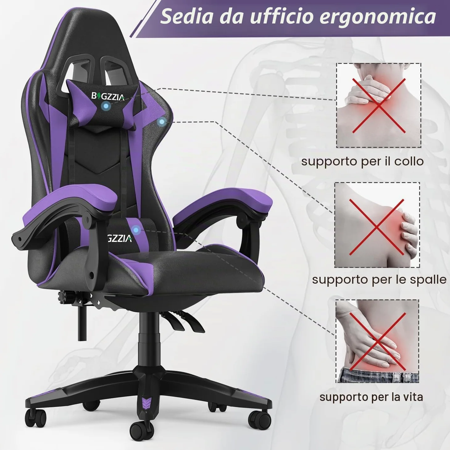 bigzzia Sedia da Gaming, Ergonomica, Per Gamer, con Cuscino Lombare e Poggiatesta, Regolabile in Altezza, Sedia Per Computer, Per Ufficio (Viola)