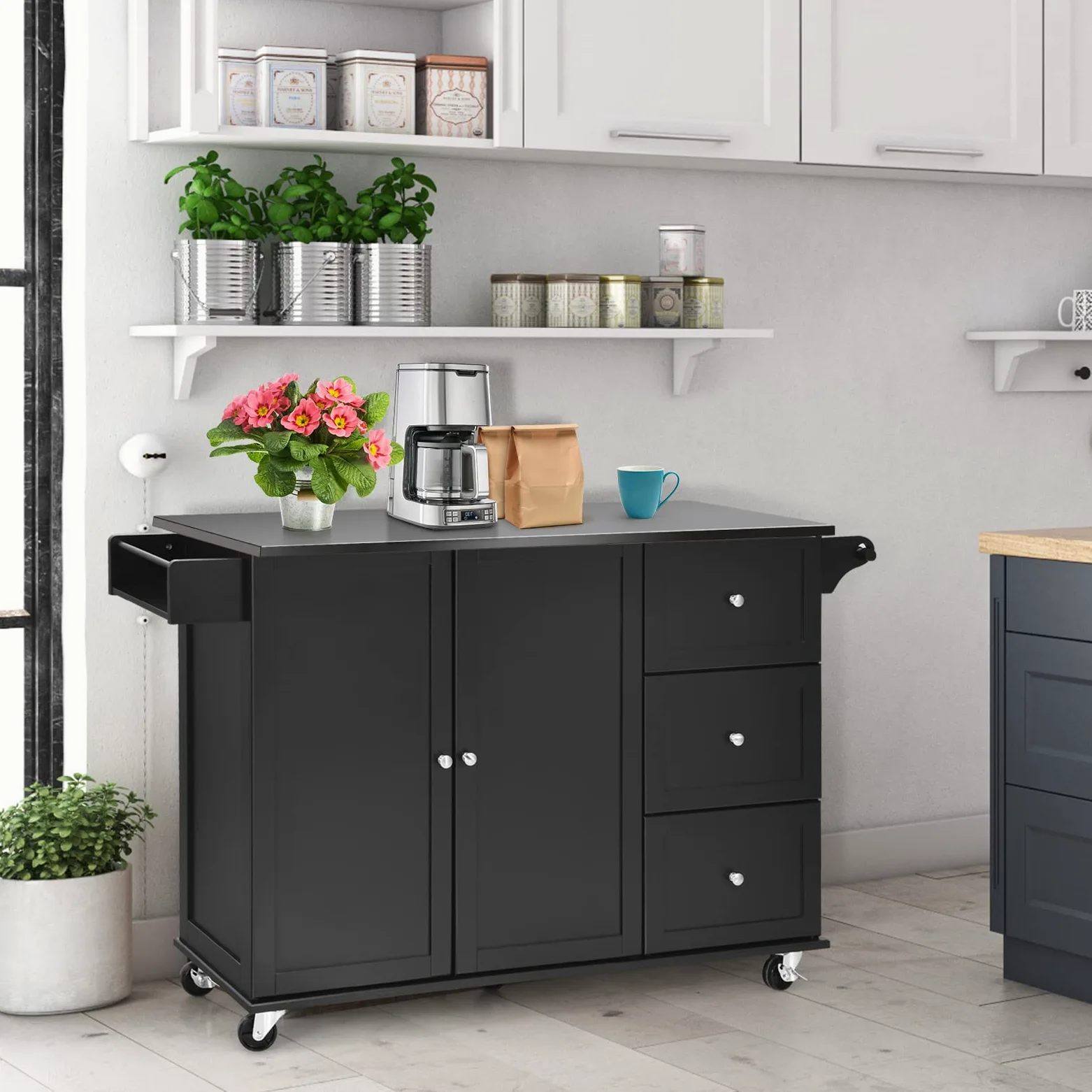 KOMFOTTEU Isola da Cucina Mobile con Piano di Lavoro in Acciaio Inox, Carrello da Cucina con 3 Cassetti & Porta Asciugamani & Ripiano Regolabile, Armadio da Cucina su Ruote, Carrello da Cucina 135 x