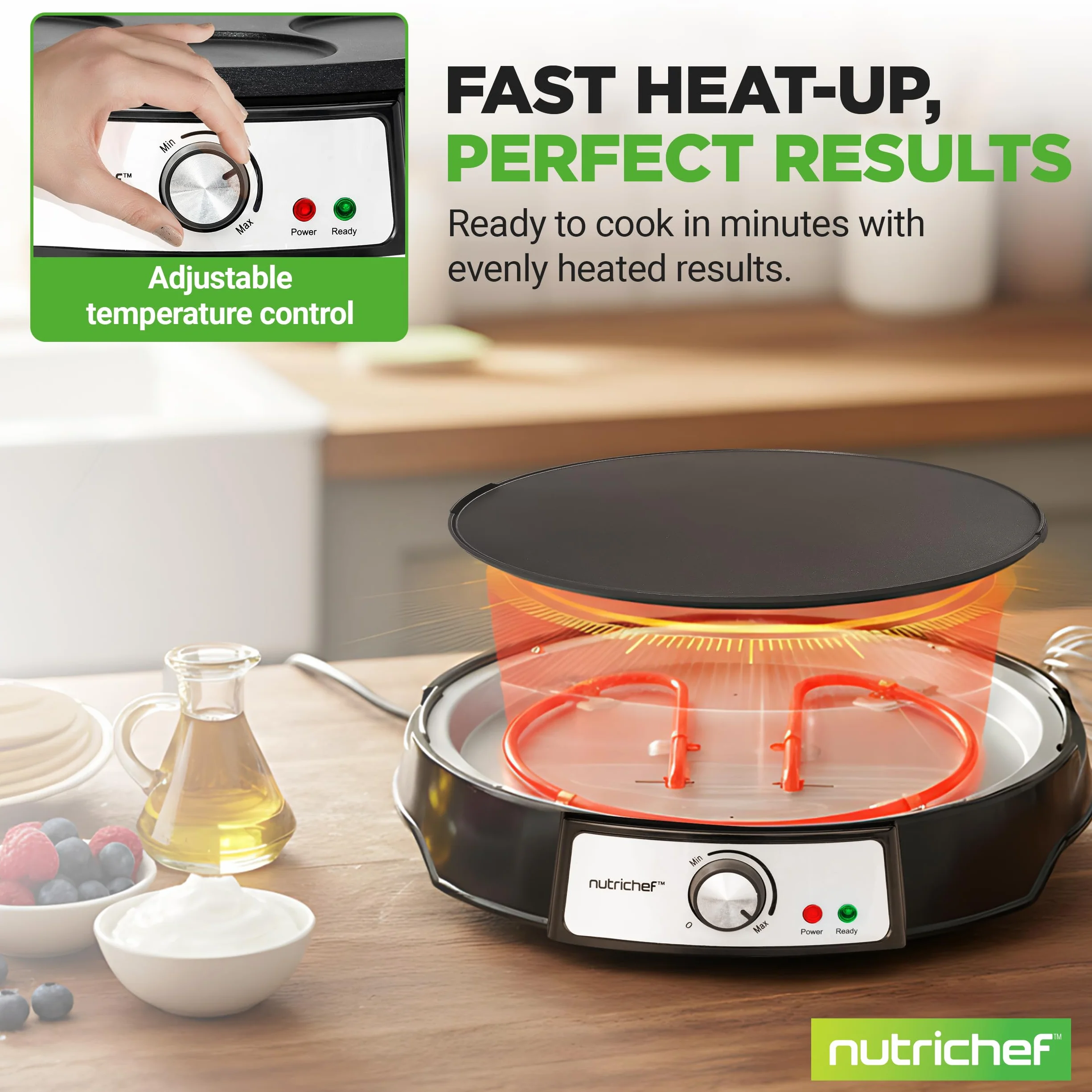 NutriChef Crepiera Elettrica 30 cm 1000W, Piastra Antiaderente Reversibile, Temperatura Regolabile LED