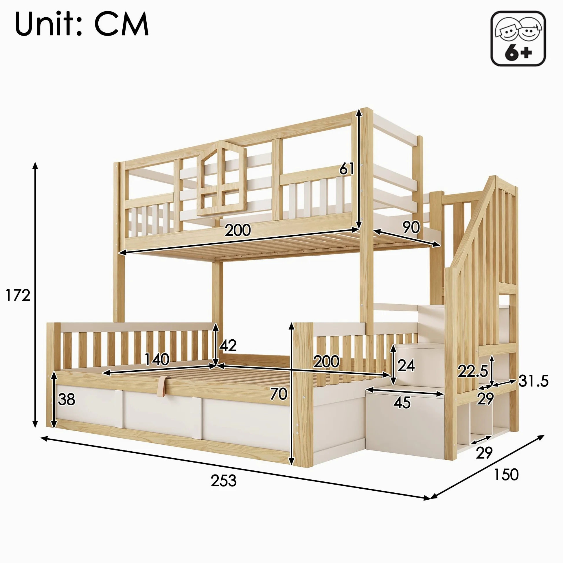 Letto a castello con cassettoni 90x200 cm & 140x200 cm, letto per bambini in stile baita con spazio di archiviazione, scala, protezione rialzata, in pino (J, 90x200cm&140x200cm)
