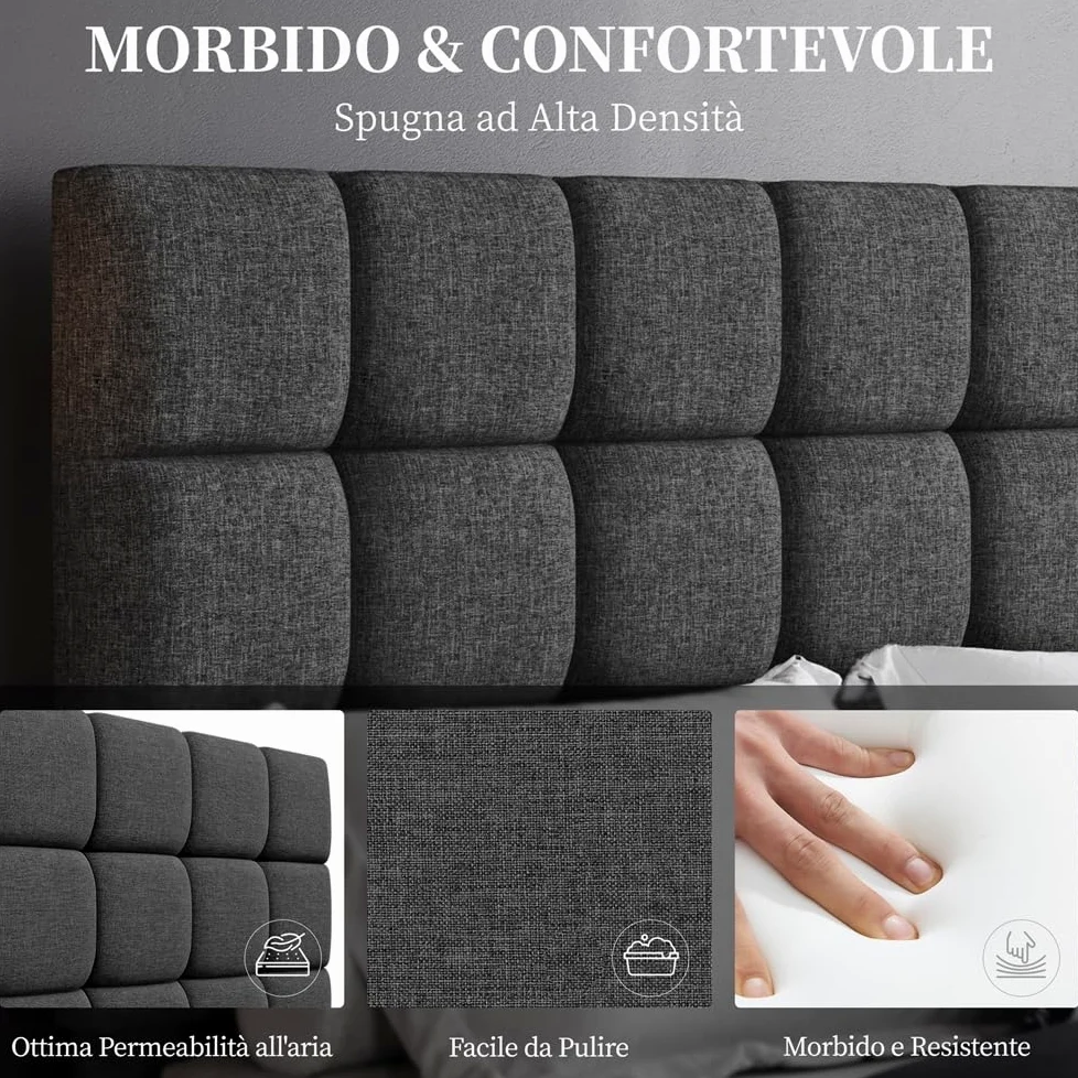 Yaheetech Letto Imbottito 140 x 200 cm con Testiera Quadrata Altezza Regolabile Doghe in Legno Grigio Scuro