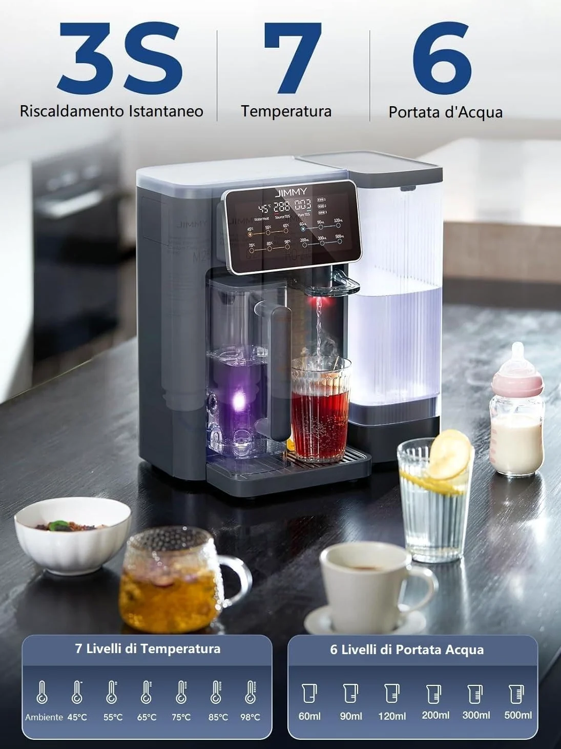 Jimmy R9 Purificatore d'acqua ad osmosi inversa Domestica per Controsoffitto Dispenser Acqua Calda 7 Fasi Filtrazione UV Riscaldamento 3S 7 Temperature Monitor TDS