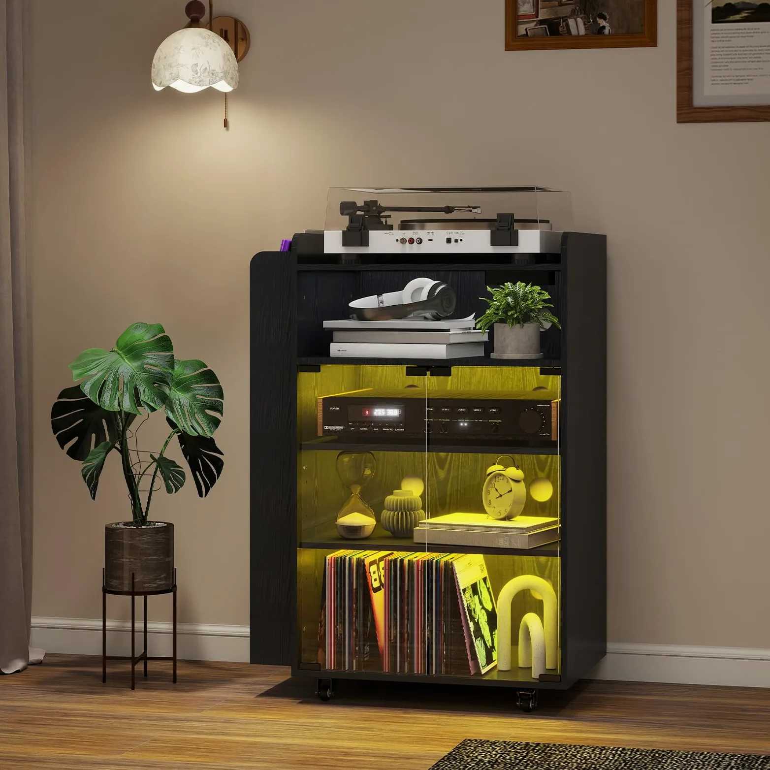 YU YUSING Vetrina Espositiva con LED per Vinili e CD, Mobile Espositivo con Porta Vinili a 5 Ripiani, Mobile Giradischi Porta CD, Presa di Corrente Integrata e Ruote, Giradischi, lettore DVD, Nero
