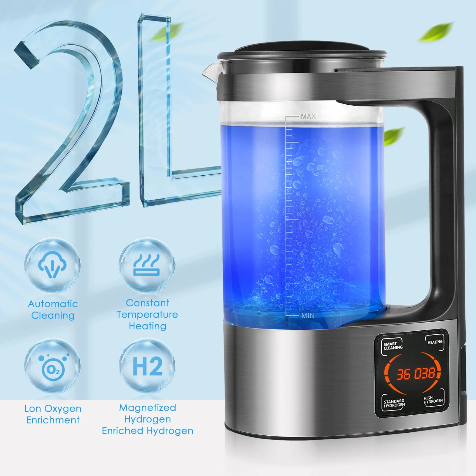 Generatore di Acqua Idrogenata 2L, Macchina Acqua Ricco d'Idrogeno Portatile con Display LED e Termostato