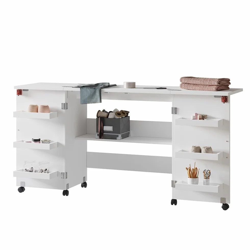 Vicco Tavolo da cucito Carmen Bianco 160x80.2 cm pieghevole con ruote