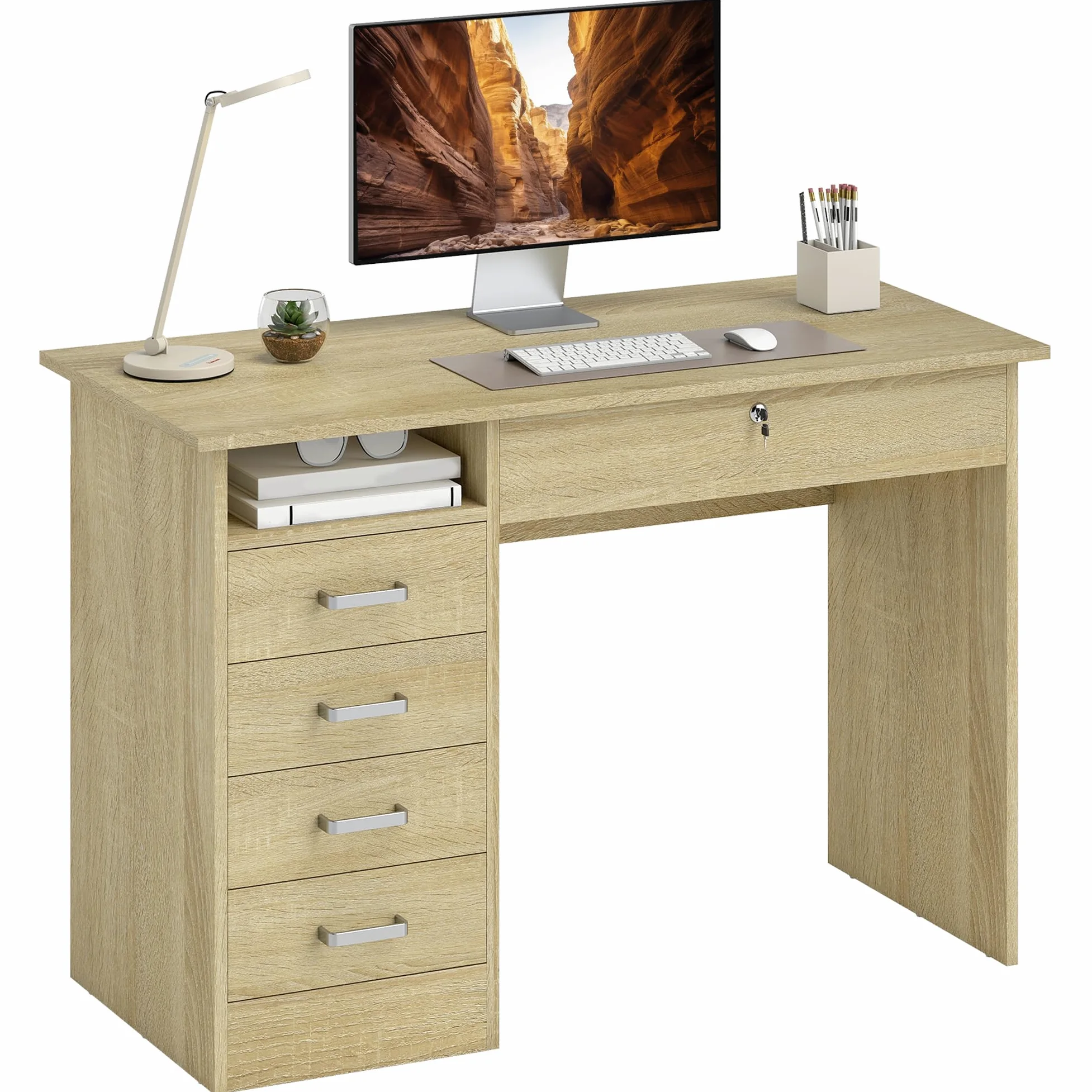 HOMCOM Tavolo per computer moderno con 5 cassetti, ampio piano, 1 scomparto aperto, cassetto con serratura, 110 x 50 x 76 cm, rovere
