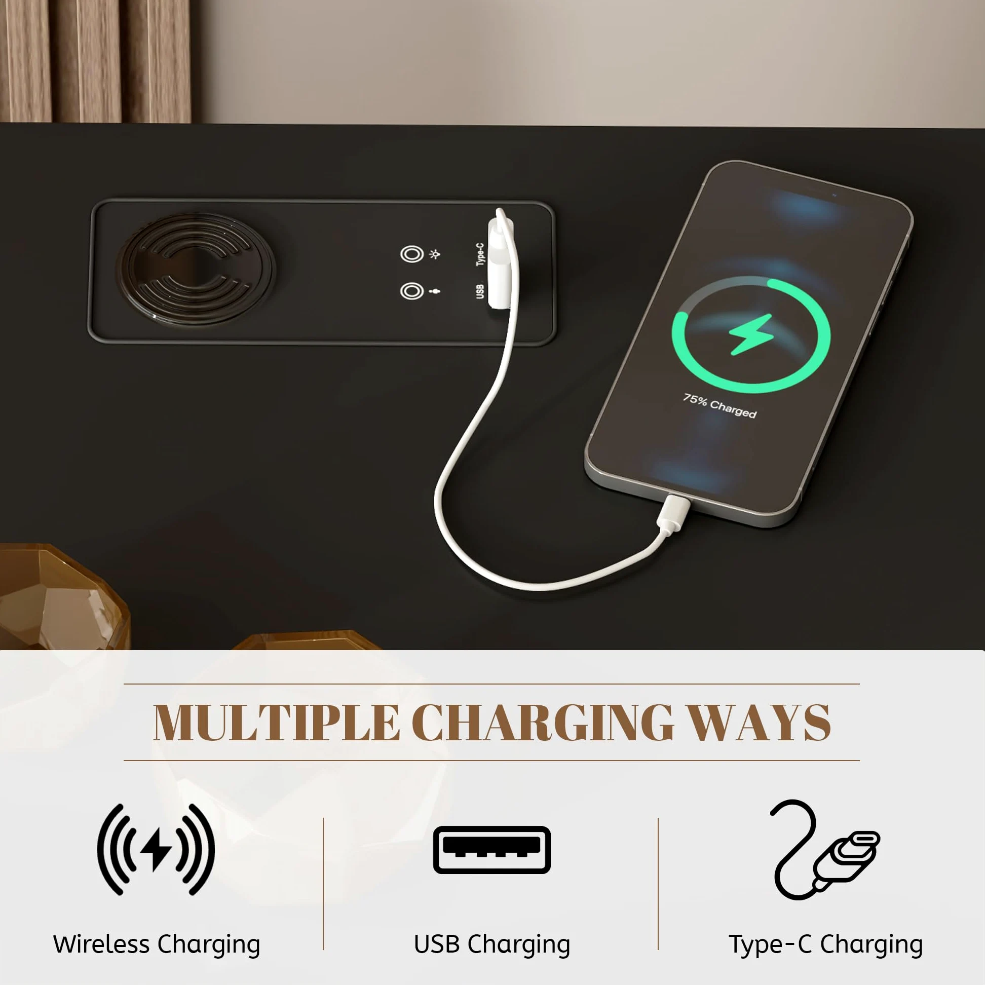 Vlsrka LED Comodino con Cassetto Nascosto, Comodino con Funzione di ricarica, Comodini moderni con 3 Cassetti, Comodini in Legno Camera da letto, Ricarica Wireless, Luci 3 colori, Nero