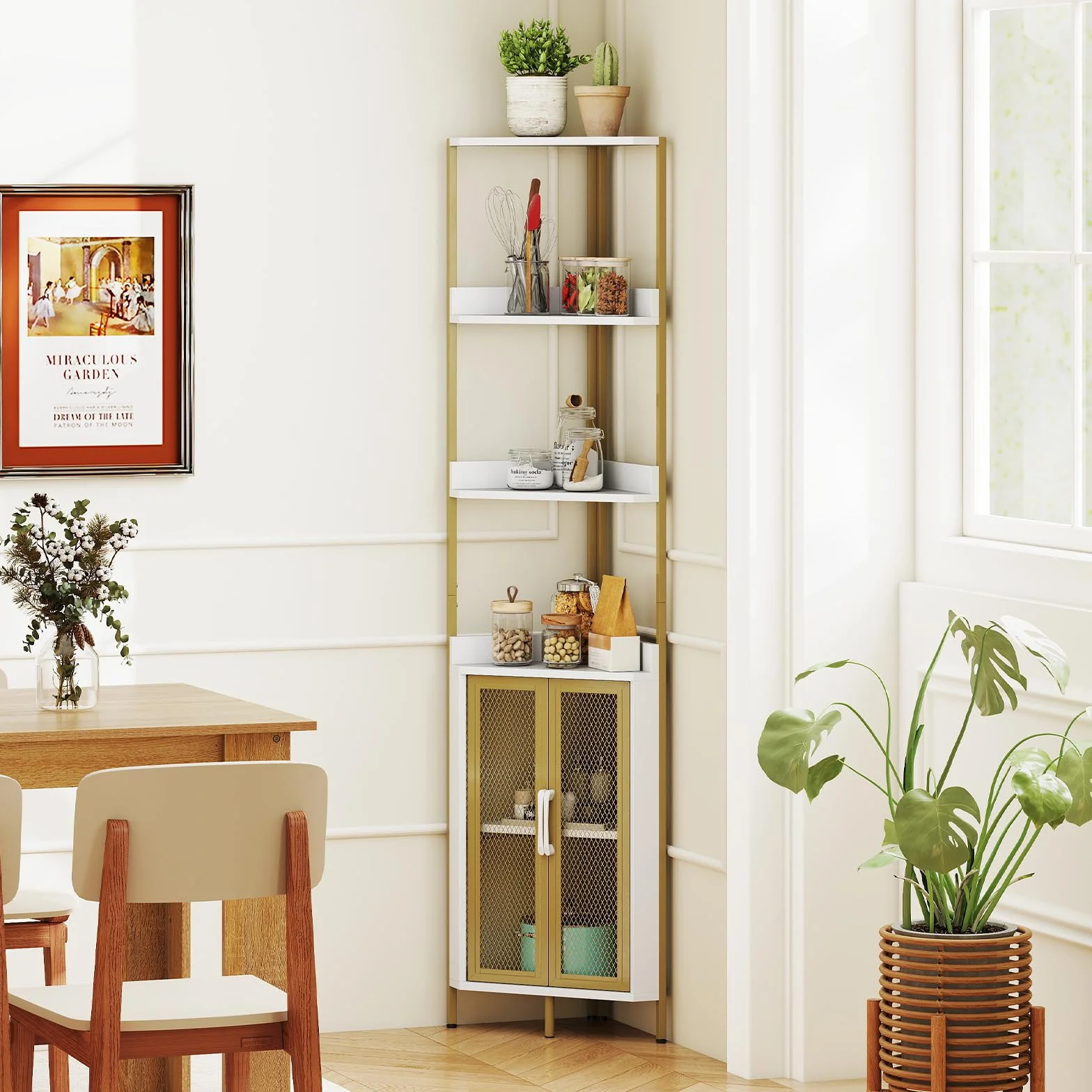 HOMASIS Scaffale ad Angolo, Mobiletto Angolare a 4 Ripiani e Armadietto, Portaoggetti di Legno, Mensola Industriale in Soggiorno, Studio, Cucina, Camera da Letto (Bianco, 32 x 170 cm)