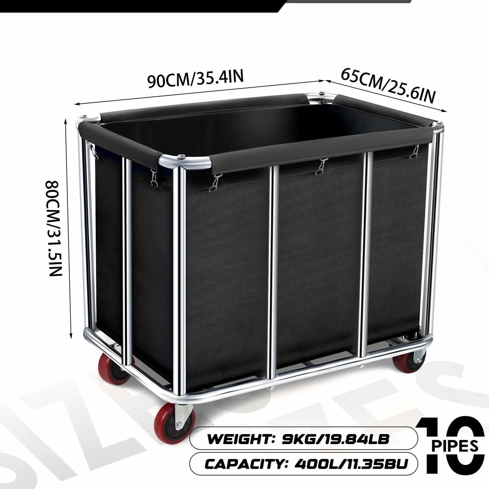 Carrello portabiancheria commerciale, grande 400 litri con tela impermeabile rimovibile, cesto portabiancheria in acciaio inossidabile resistente con ruote per hotel e ospedale, carico di 199,6 kg