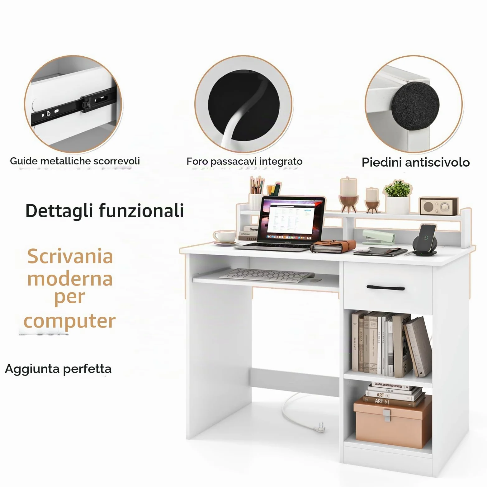 LIFEZEAL Scrivania Ufficio per Computer, con Cassetto, Supporto di Monitor, Vassoio per Tastiera, Salvaspazio, Postazione di Lavoro, Scrittoio, Tavolo Porta PC, Laptop, in Legno, Max 45kg, Bianco