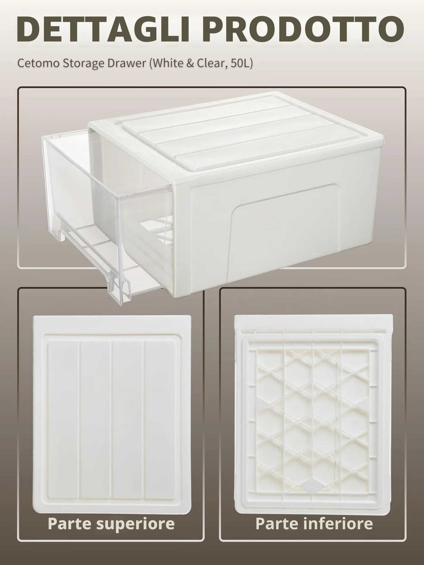 Cetomo Cassettiera 50L*3 PP Bianco e Trasparente Torre Impilabile Stoccaggio