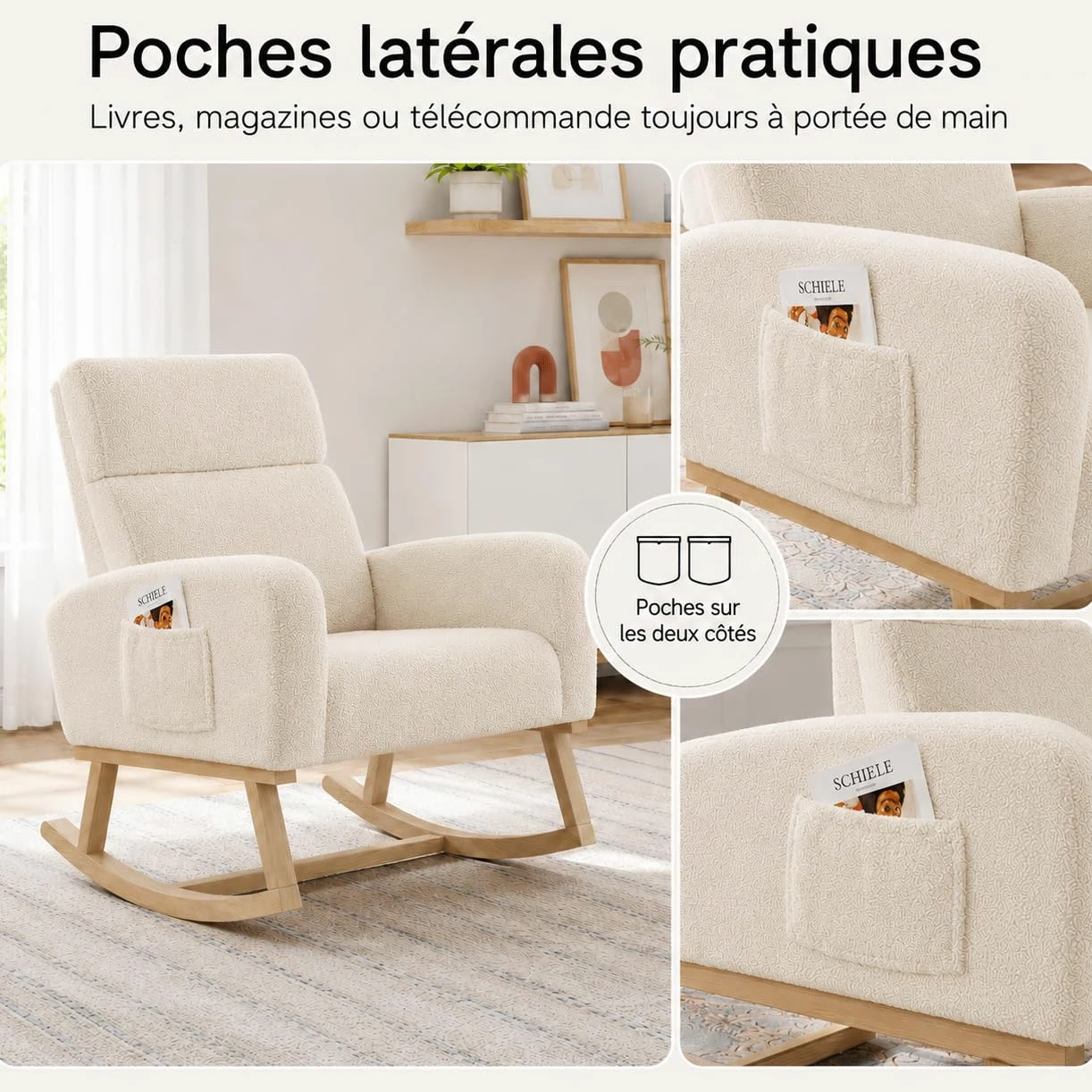 BRILVERDE Sedia a Dondolo, Poltrona Dondolo con Tasche Laterali Gambe in Legno massello, Allattamento al Seno, Sedia per Il Tempo Libero, Adatta per Soggiorno e Camera da Letto (Beige)