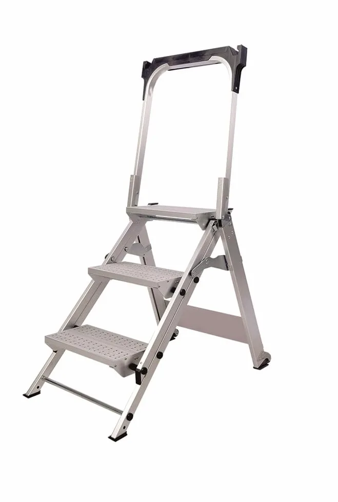 Svelt Sgabello Industriale Professionale Richiudibile in Alluminio con Guarda-Corpo, 3 Gradini Antiscivolo, Vaschetta Porta-Attrezzi e Ruote – Certificato