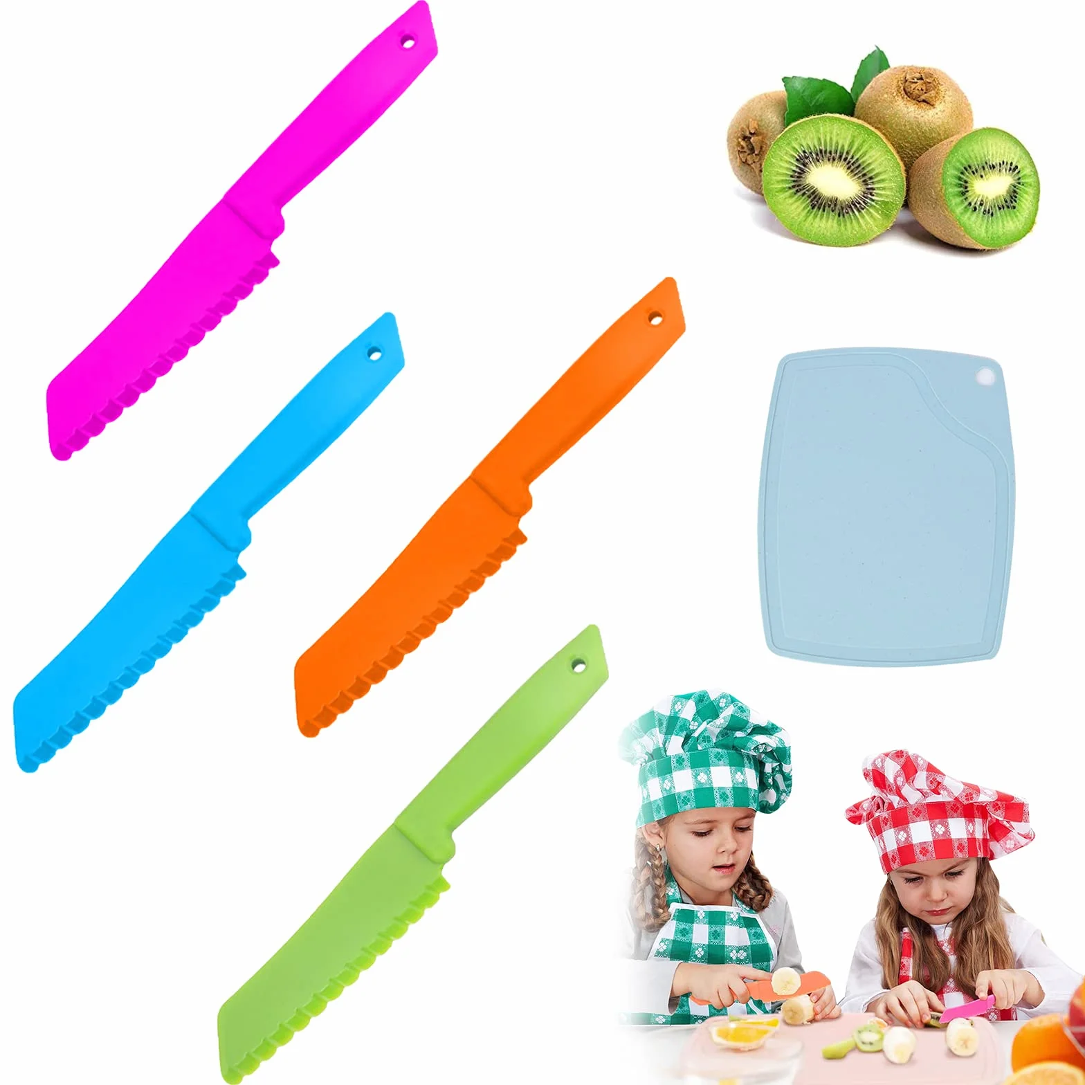 Coltelli da Cucina per Bambini, Coltelli di Sicurezza per Bambini, 4 pezzi Coltello per Bambini in Plastica con Tagliere, Coltello Da Frutta Per Bambini, Set di Coltelli da Cucina per Bambini
