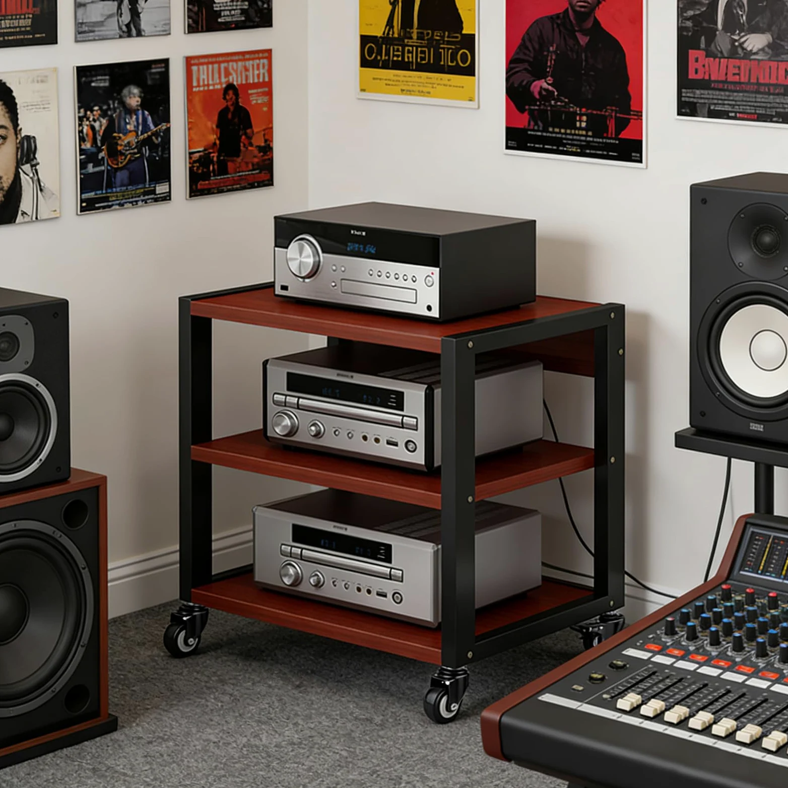 Scaffale a 3/4/5Rack e supporti HiFi Audio Rack, scaffale audio in legno e metallo, portata 200 kg, porta-multimedia con ripiani regolabili, per soggiorno, sala giochi, centro di intrattenimento (3YM)
