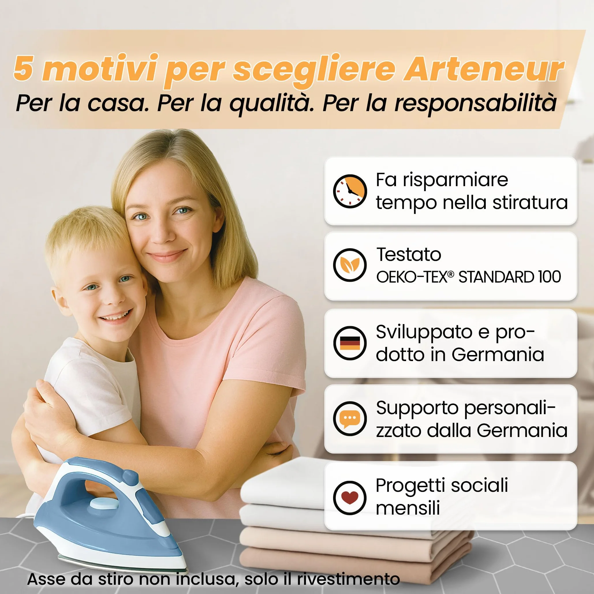 Copriasse Da Stiro Universale 130X45 CM per Ferro Da Stiro a Vapore, Copertura Asse Da Stiro Con Coulisse in Gomma, Rivestimento in Alluminio Termoriflettente, Resiste al Vapore (L) Made in Germany