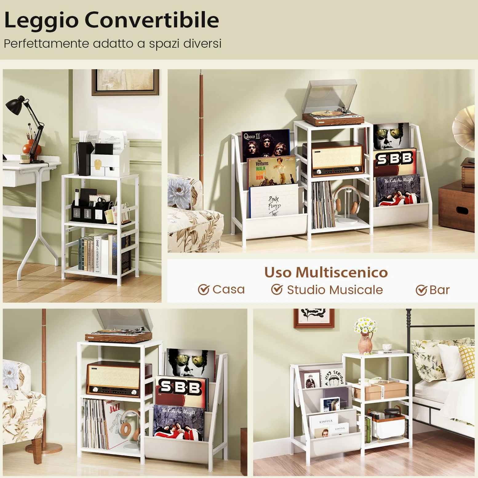 COSTWAY Supporto per Giradischi per Vinili, Porta Giradischi Vinili Fino a 200 Album con 3 Ripiani, 6 Tasche di Archiviazione e Struttura in Metallo, per Casa Studio e Caffè, 125x30x69 cm (Bianco)