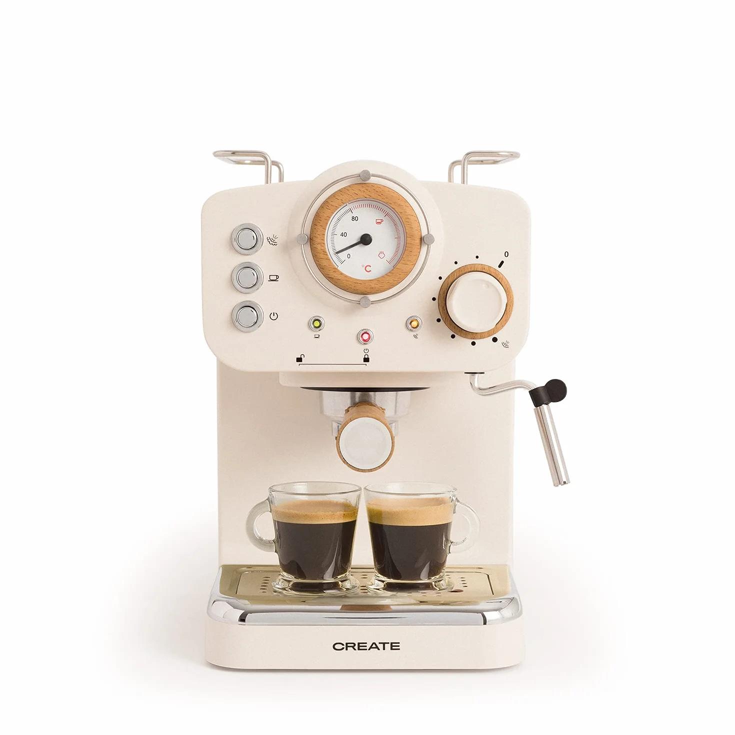 CREATE / THERA MATT RETRO/Macchina da caffè Bianco crema/per espresso e capuccino, 15bar, 1100W, termometro integrato, capacità 1,25 litri, vaporizzatore regolabile