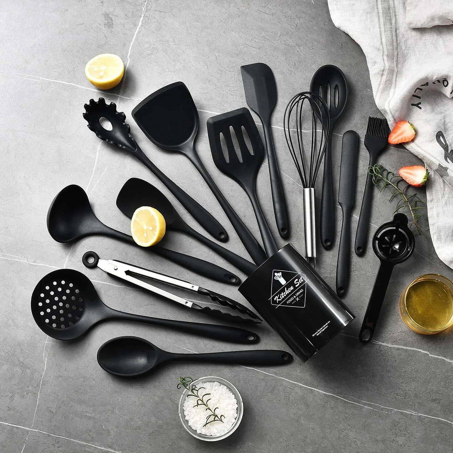 Set 15 utensili da cucina in silicone con manici in acciaio inossidabile, resistenti al calore, neri