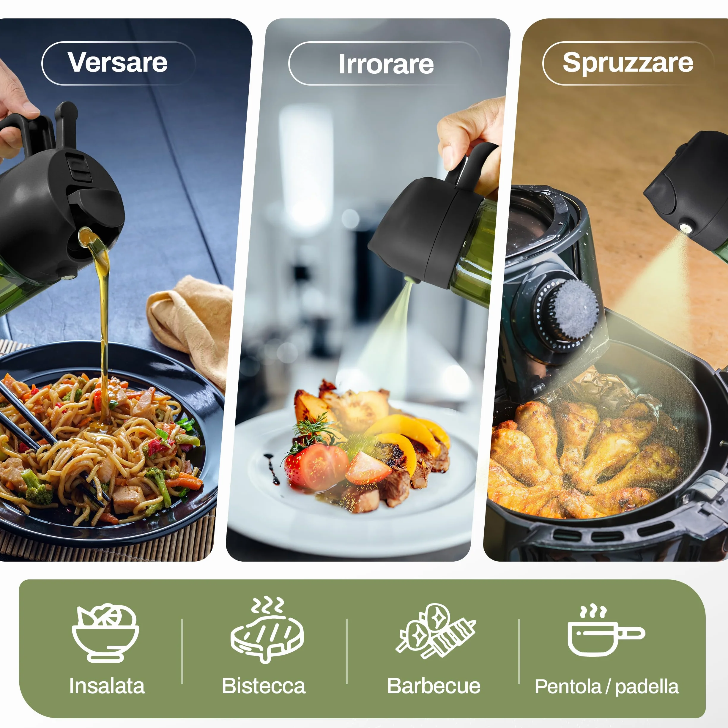 PORTENTUM Spruzzino olio per friggitrice aria 470 ml 2 in 1 spray e versamento – Oliera spray vetro verde protezione dalla luce – Nebulizzatore insalate e grigliate