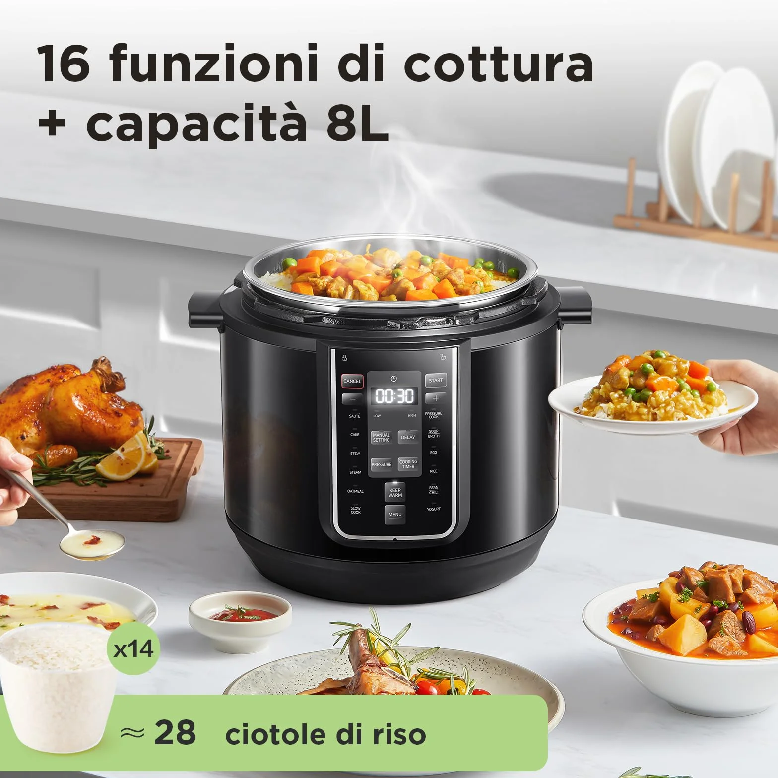 Midea Pentola a pressione elettrica 9 in 1 12 preset multicooker istantaneo antiaderente acciaio inox 8 quarti nero