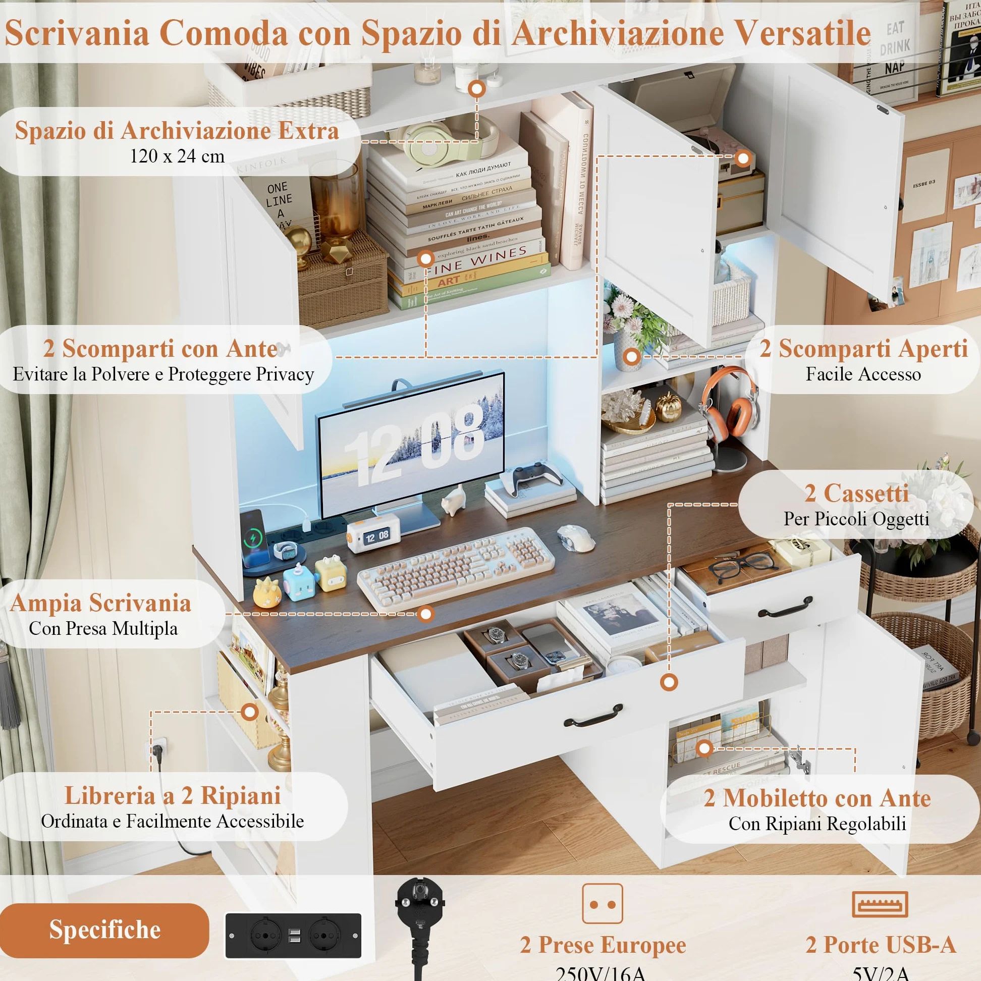 FirFurd 180cm Scrivania con Cassetti, Scrivania Gaming con Luci a LED e Prese, Scrivanie con 3 Ante, con Libreria a 2 Ripiani, Ripiani Regolabile, per Studio, Ufficio, Cameretta, 120x50x180cm, Bianco